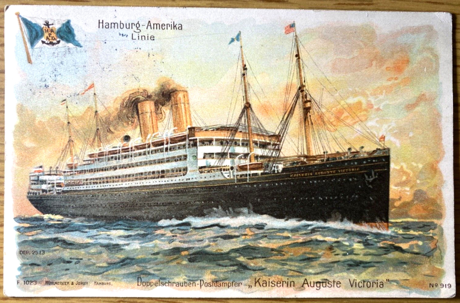 1910 KAISERIN AUGUSTE VICTORIA antique illustrated postcard GERMAN OCEAN LINER