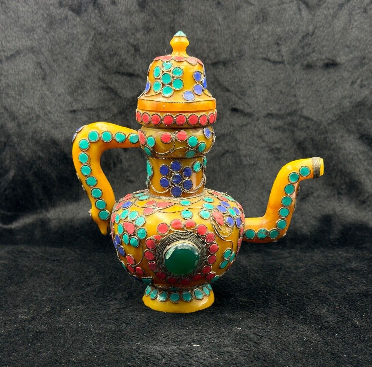 Old Tibetan Copal Amber Tea Pot With Agate Turquoise Lapis Lazul And Coral Stone