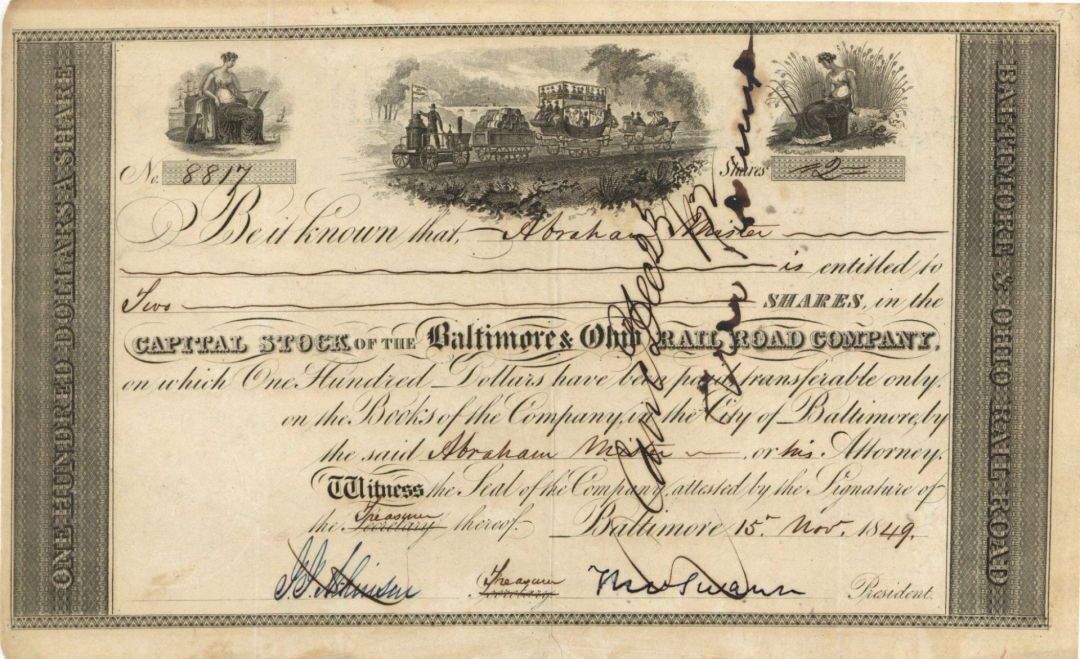 Baltimore and Ohio Rail Road Co. signed by Thomas Swann - Stock Certificate - Au