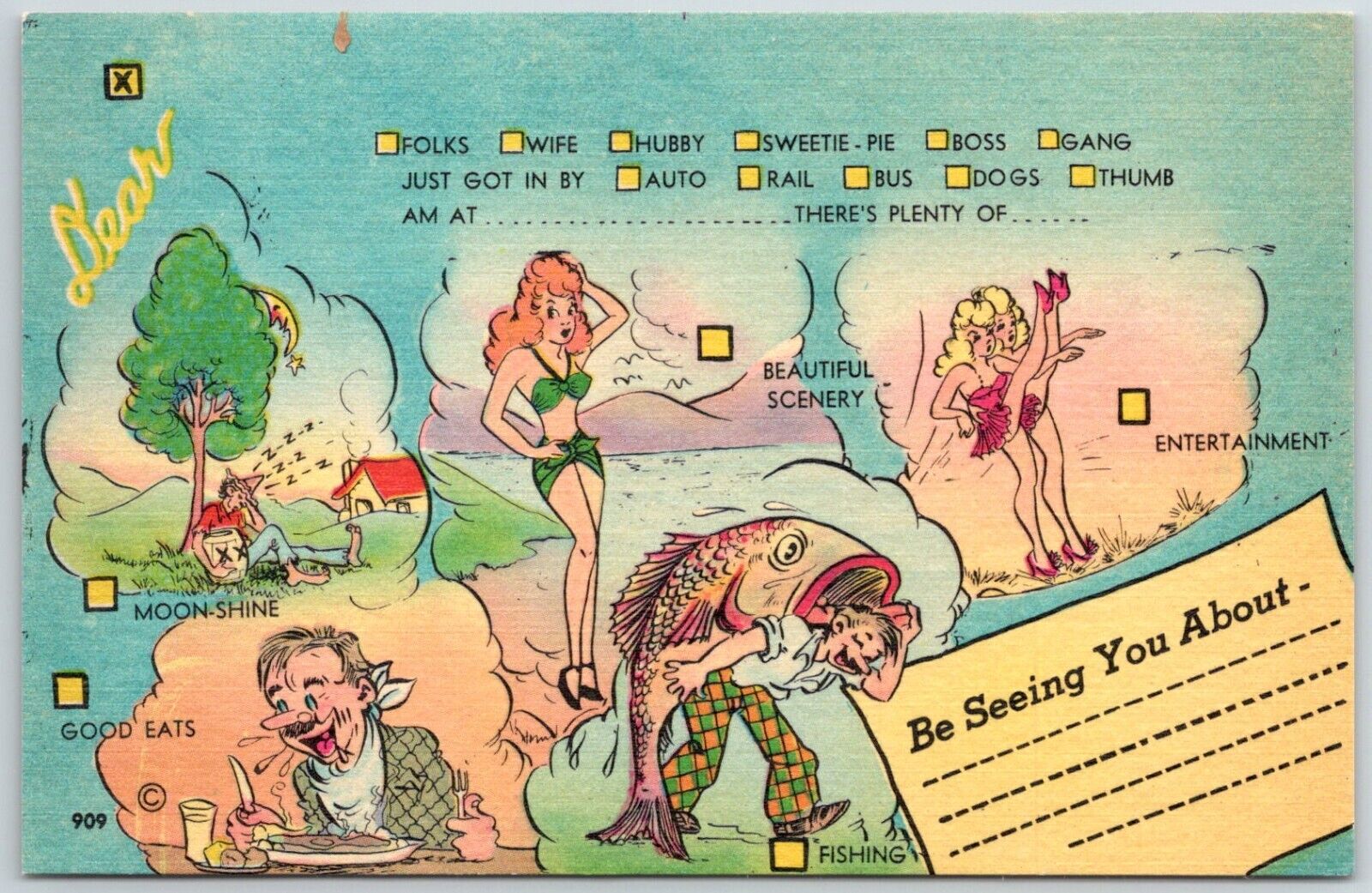 Comic Moonshine Good Eats & Fishing Humor Risque Lady Vintage Postcard