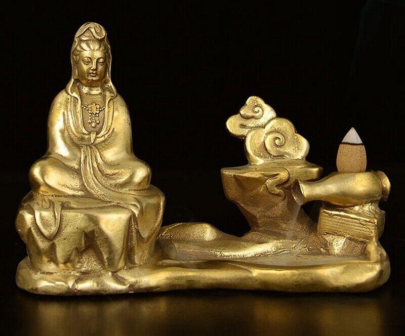 Brass Bronze Incense Burner Guan Yin kwan-yin Goddess Buddha Statue Buddhism