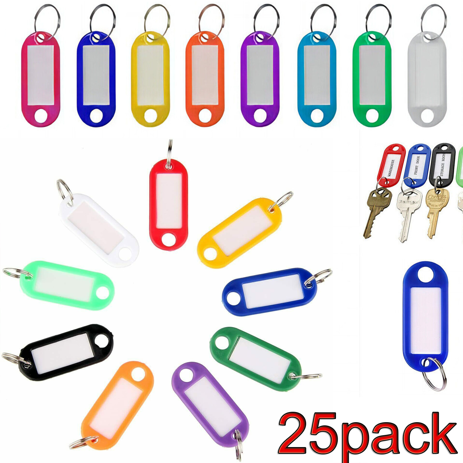 25pcs Plastic Key Tags Keyring Luggage Tag Card Name Label Keychain W/Split Ring