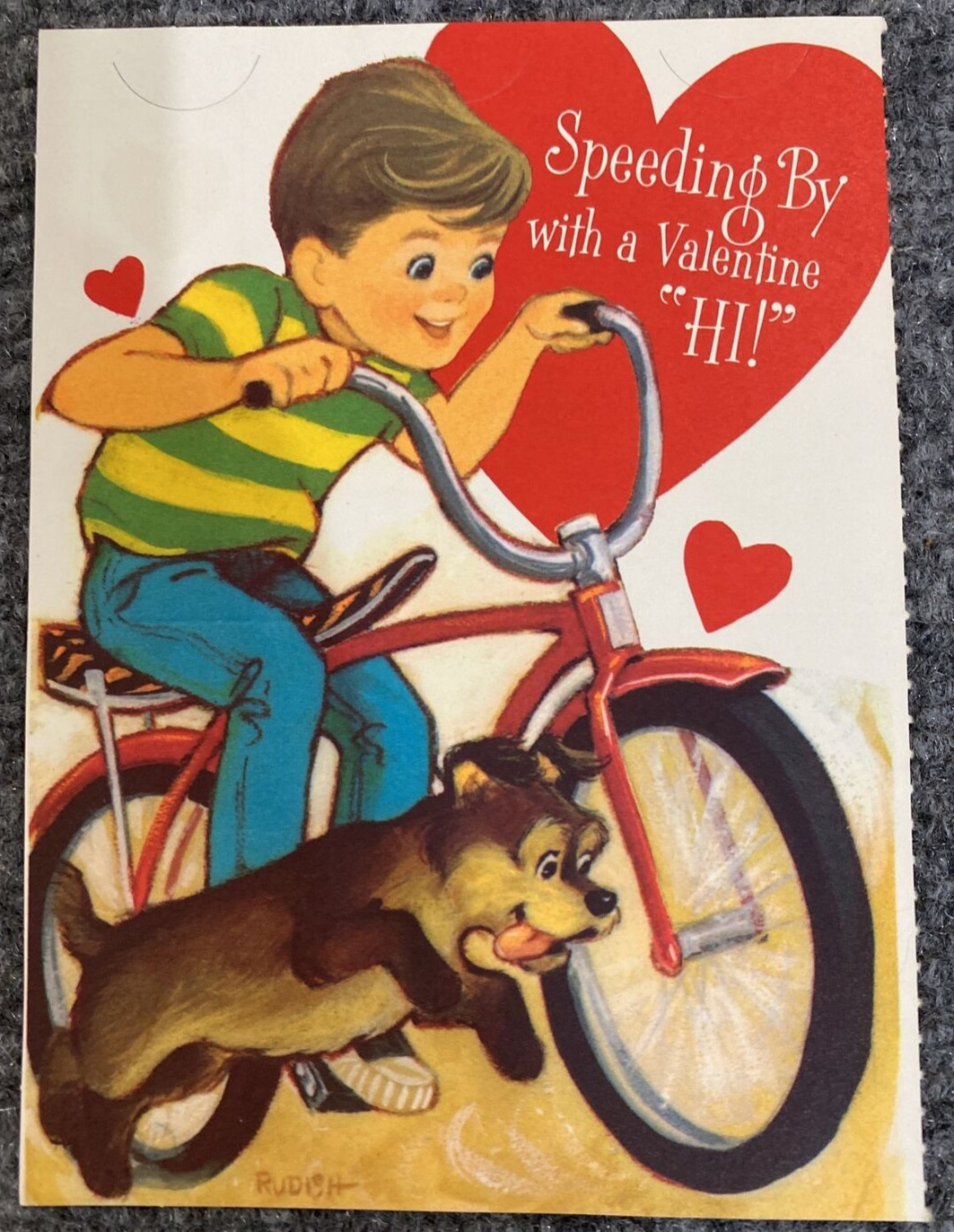 Vintage Valentine Card Boy Bike Bicycle Dog Speeding By Rudish Hallmark Unsigned