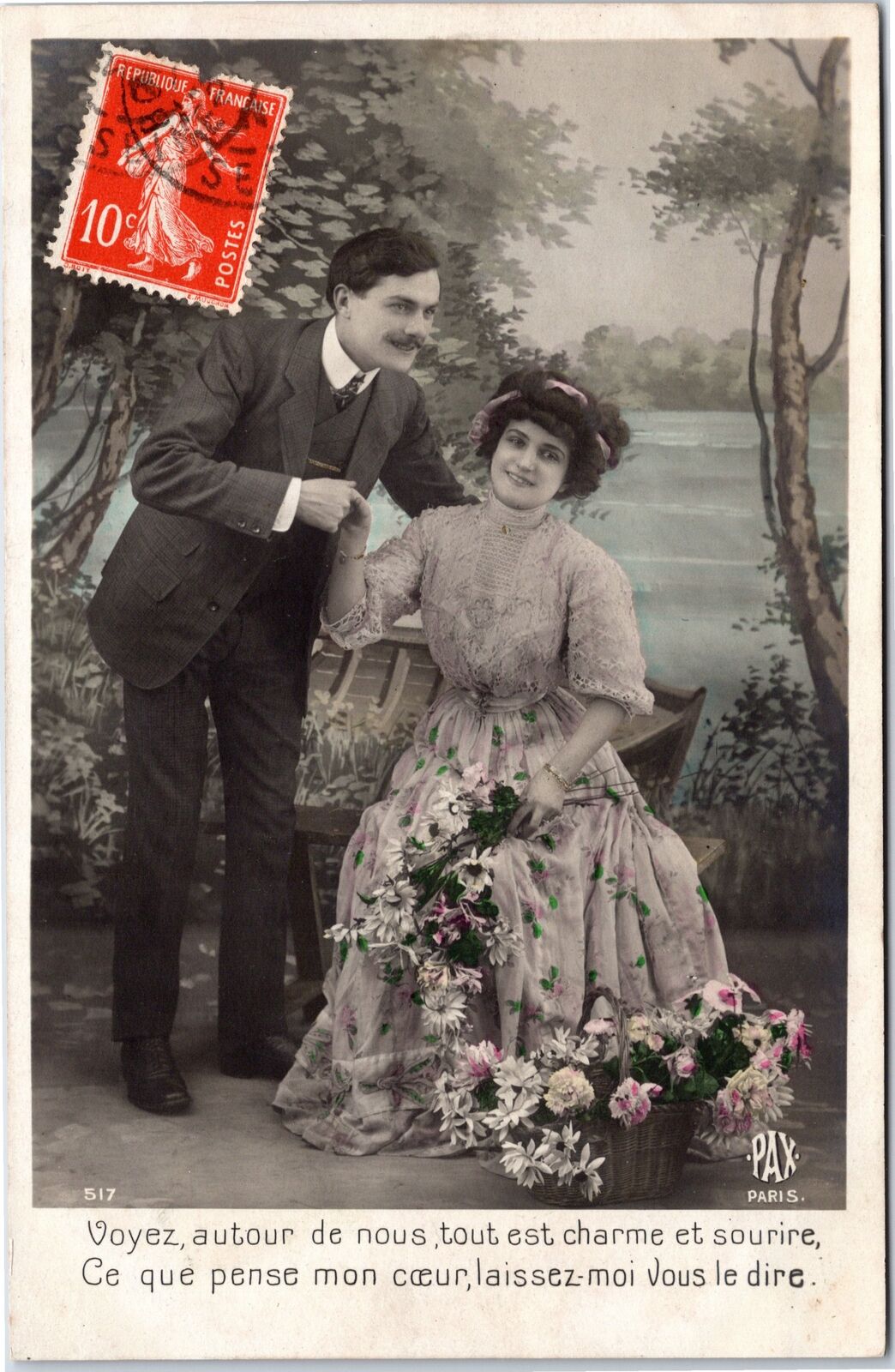 VINTAGE POSTCARD ROMANTIC SCENE COUPLE ON STUDIO SETTING EUROPE c. 1905-10 RPPC