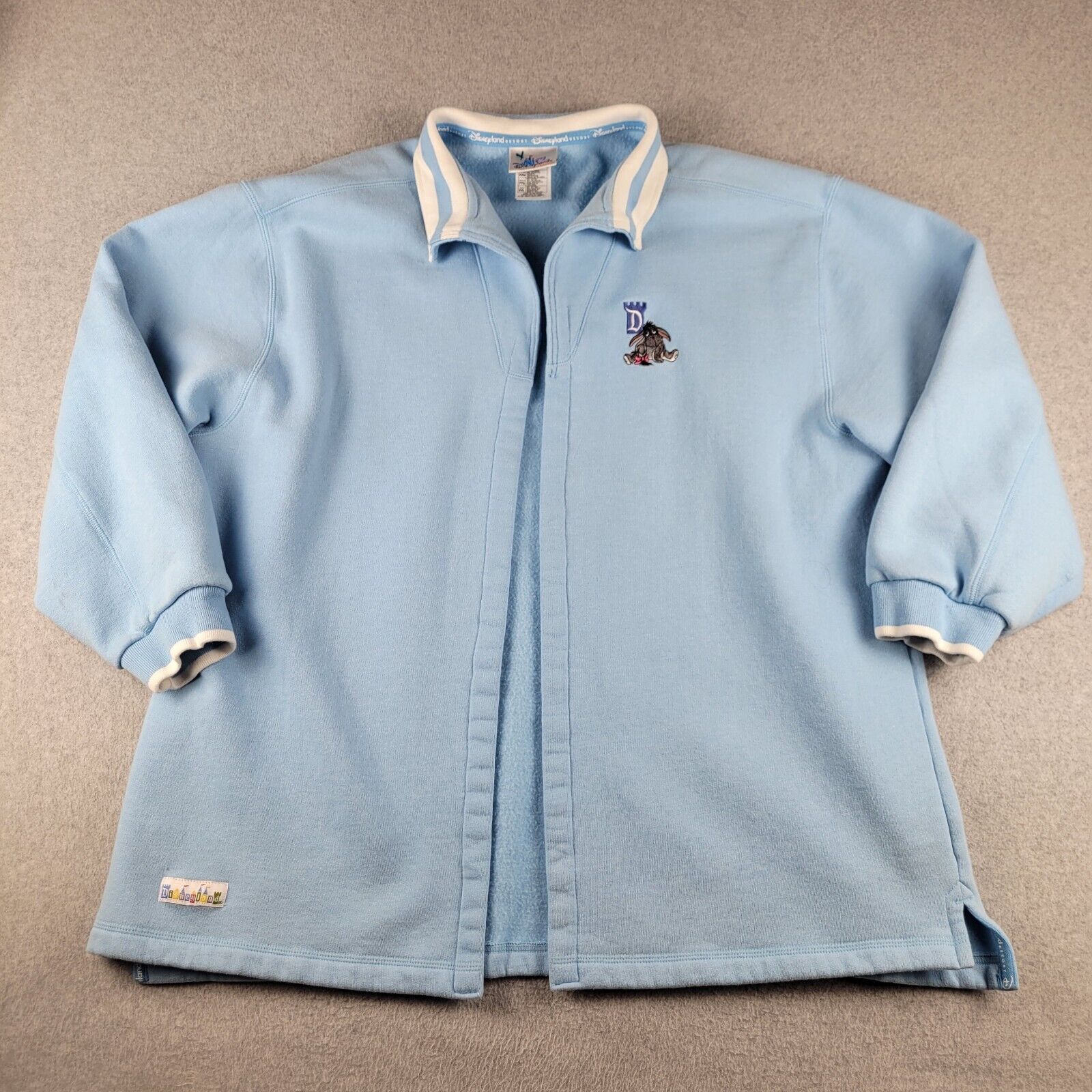 Vintage Disneyland Eeyore Sweatshirt Jacket Adult XXL 2XL Light Blue Open Front