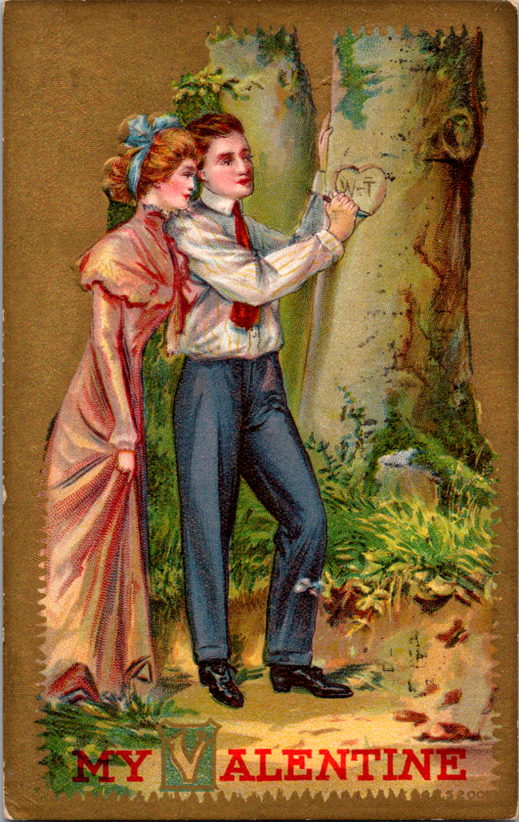 Vintage C. 1910 Young Man Woman In Love Carving in a Tree Valentine Postcard 