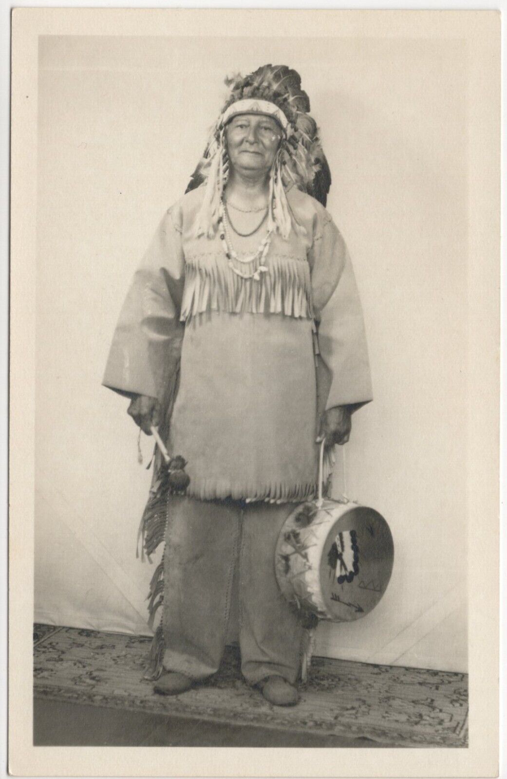 Native American Woman Indigenous Headdress Instrument Real Photo Postcard RPPC