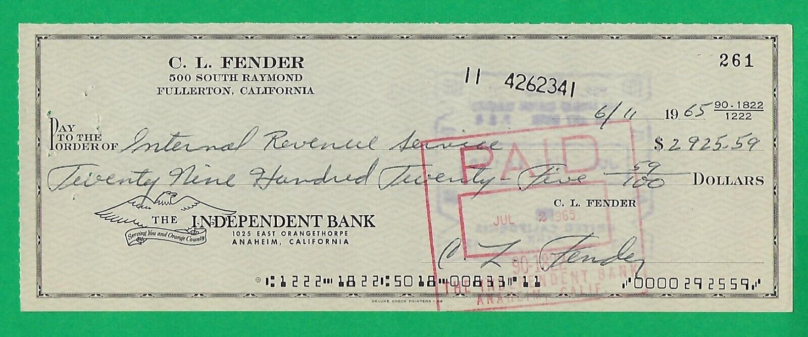 Leo Fender Signed 1965 Business Check Made To IRS Internal Revenue Service $SALE