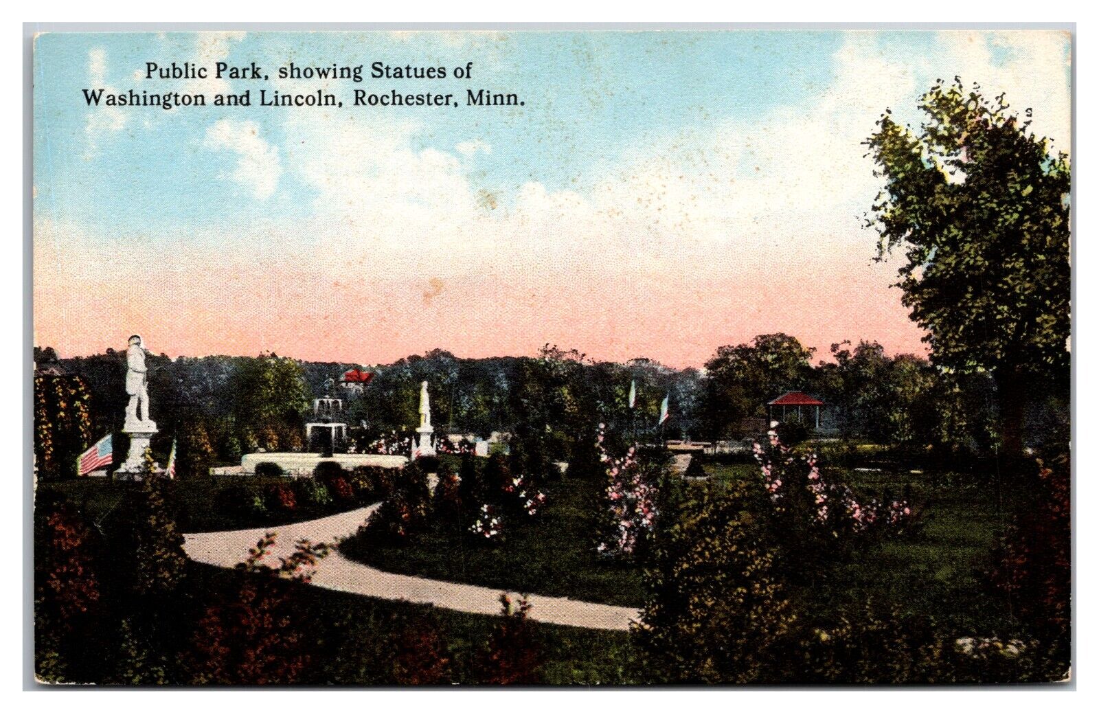 Public Park Showing Statues Of Washington And Lincoln, Rochester, MN Postcard