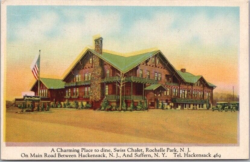 Vintage 1930s ROCHELLE PARK New Jersey Postcard SWISS CHALET RESTAURANT - Unused