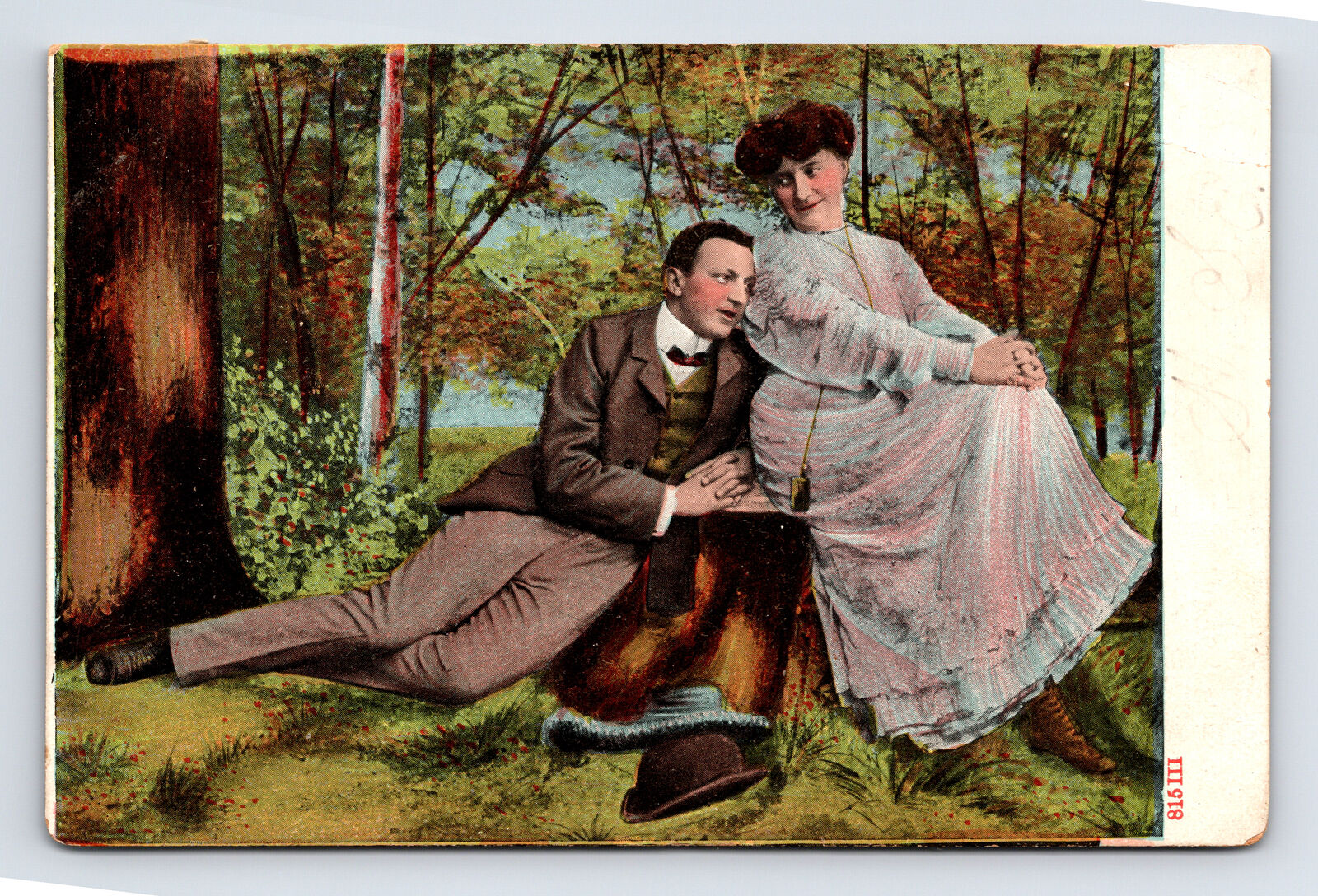 c1907 Victorian Couple Cuddle In The Woods European Postcard