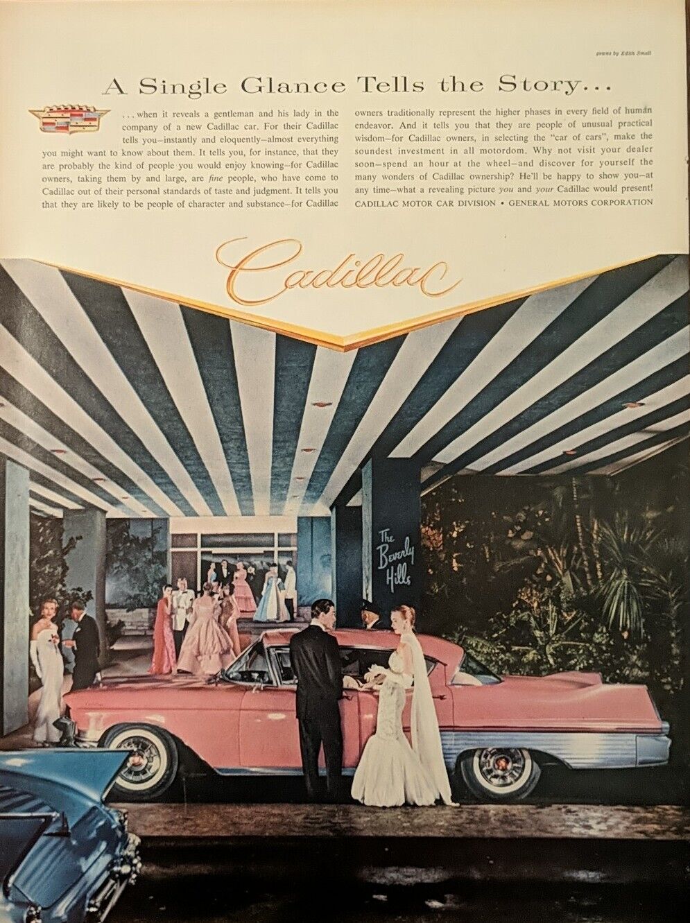 1957 Vintage Cadillac Automobile Print Ad.  Beverly Hills Hotel, Pink Tailfins 