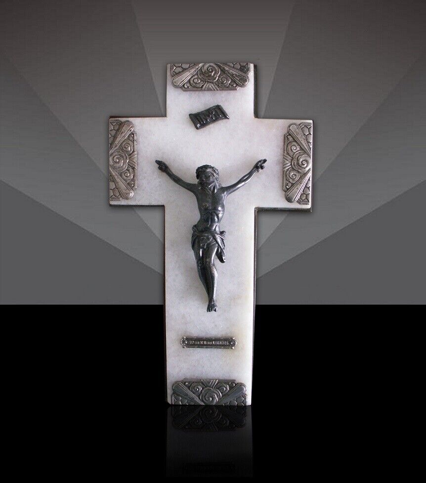 Antique unique French Crucifix. 1930.  White marble, brass. Jesus Christ