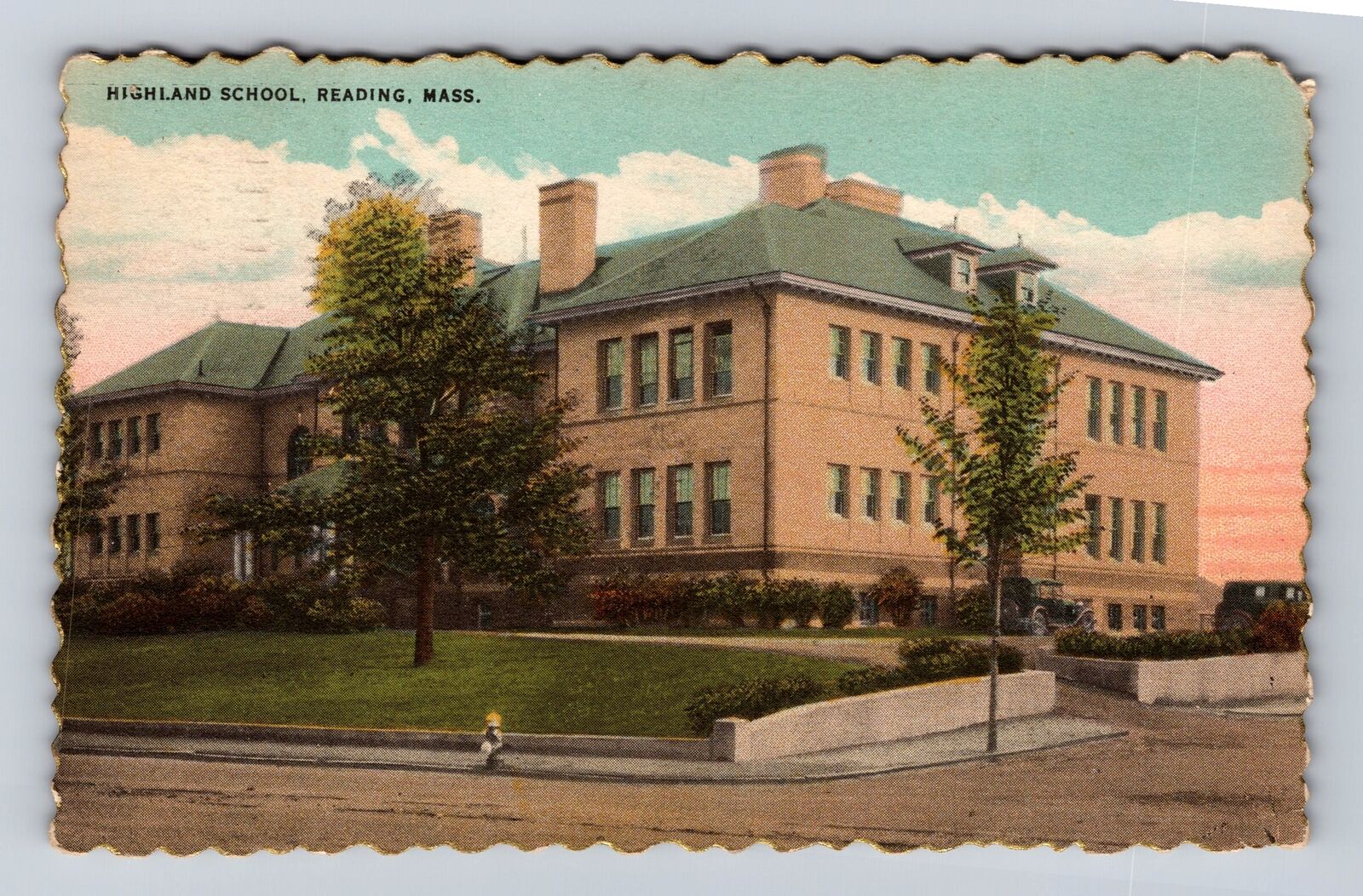 Reading MA-Massachusetts, Highland School, Antique Vintage Souvenir Postcard