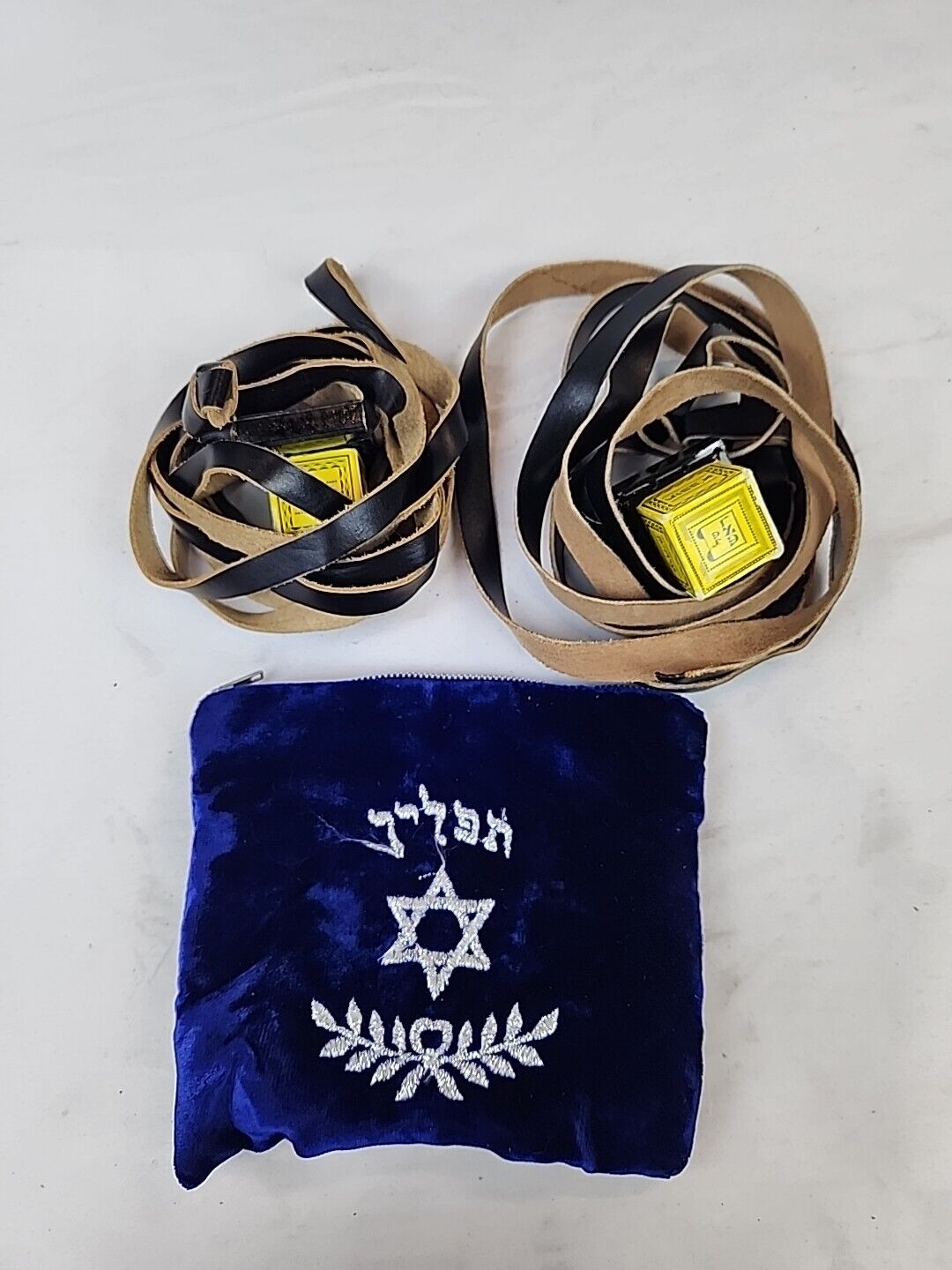 Leather Tefillin in Velvet Blue Bag ~ Prayer Jewish Judaica Israel Jerusalem