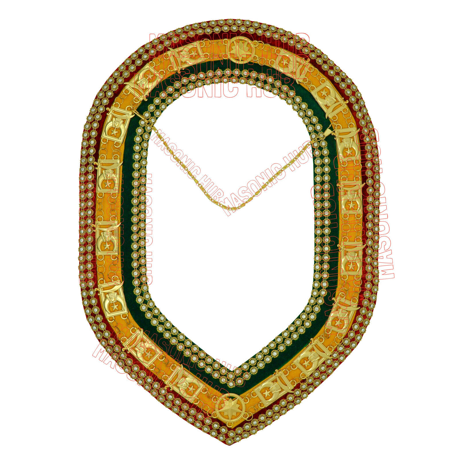 Shriner Tri-Color Chain Collar in Red Green & Yellow Double Row Rhinestones