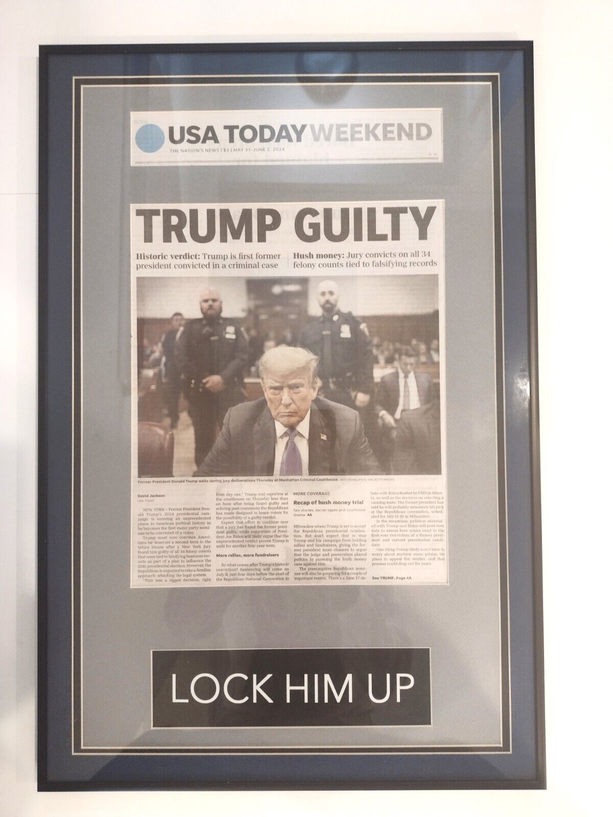 Custom framed historic USA Today - Newspaper of Donald Trump - GUILTY