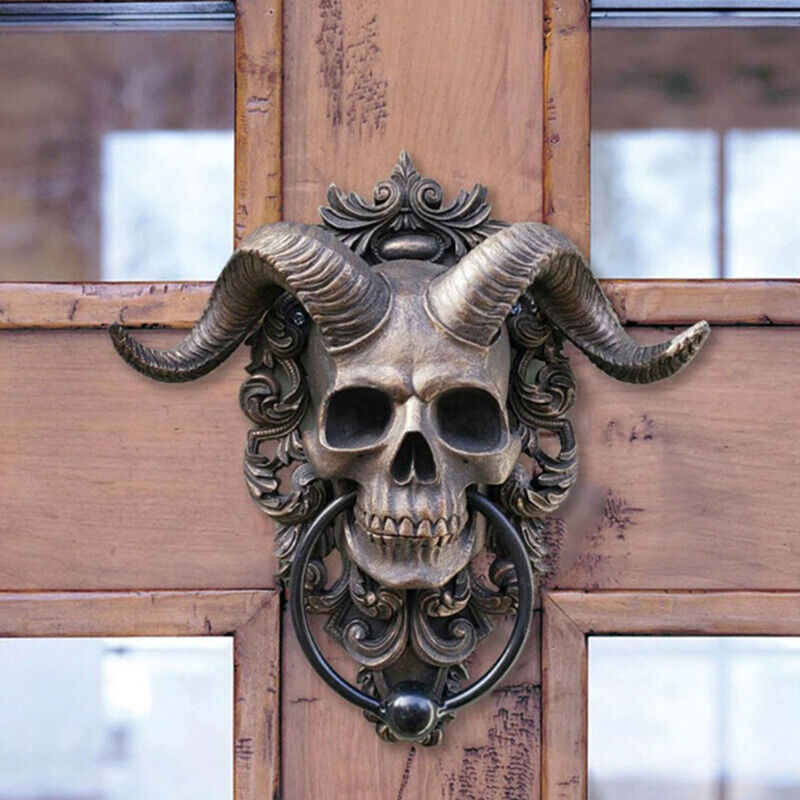 Resin Baphomet Horned God Skull Hanging Door Knocker with Built in Striker Plate