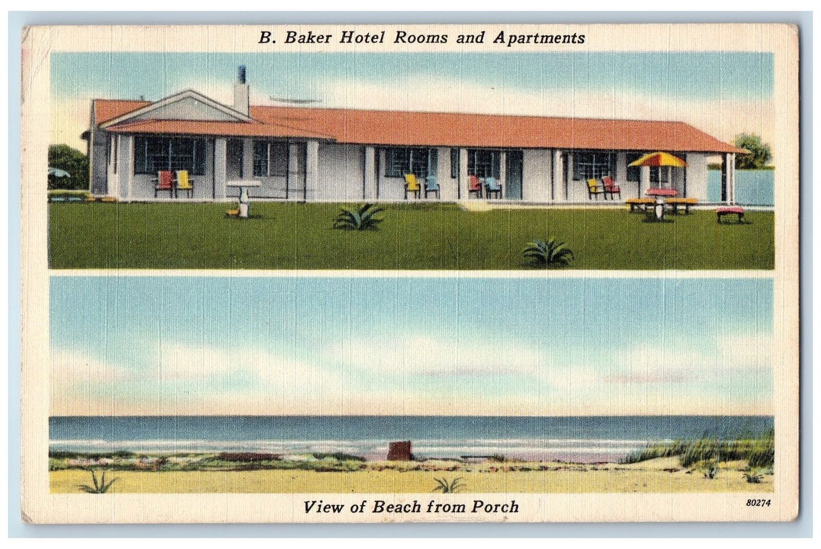 1951 B. Baker Hotel Rooms & Apartments View New Smyrna Beach Florida Postcard
