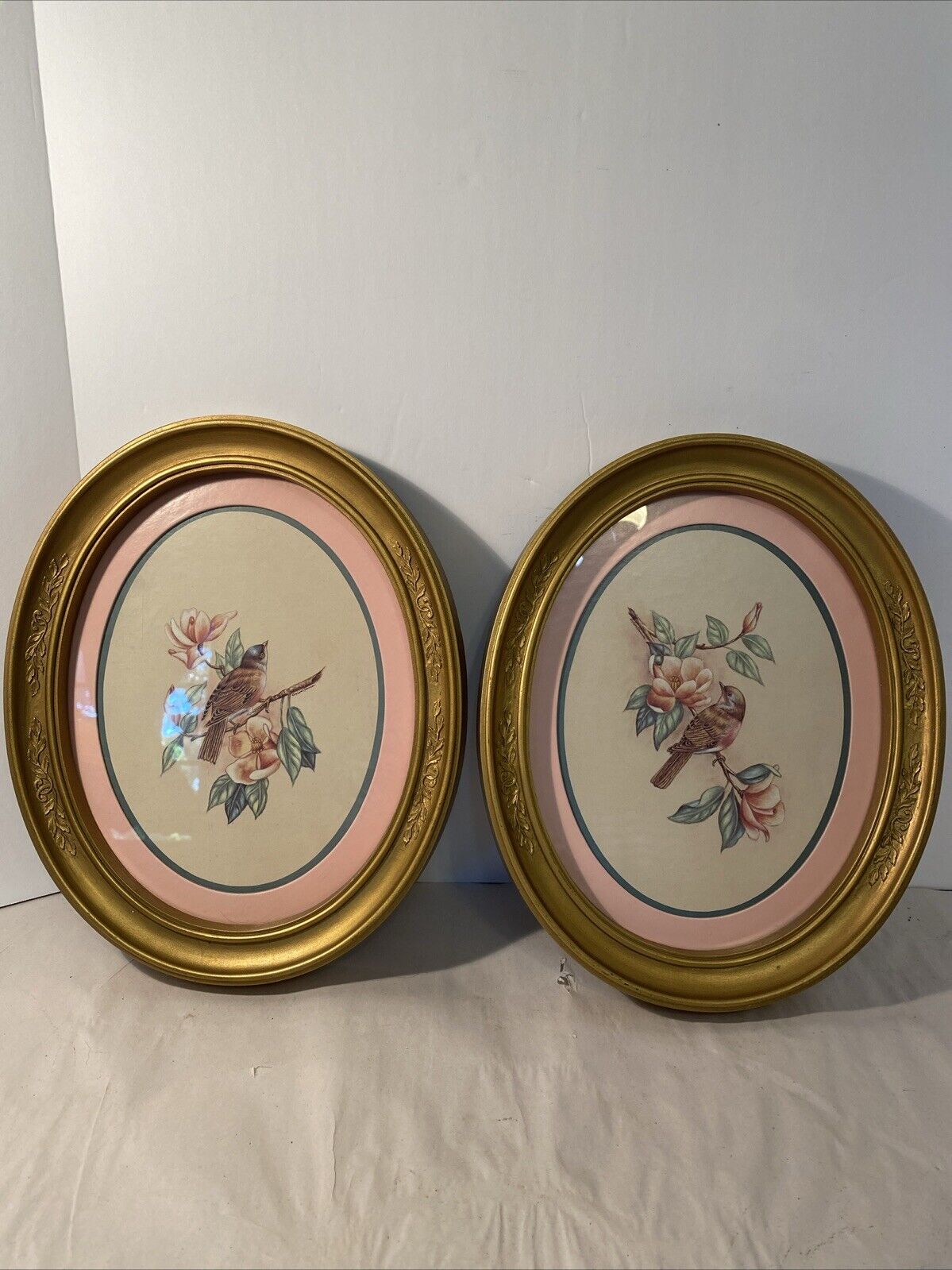 Set 2 Vintage Homco Bird Prints Picture Gold Oval Frame 11”x 9” Pink Green Boho