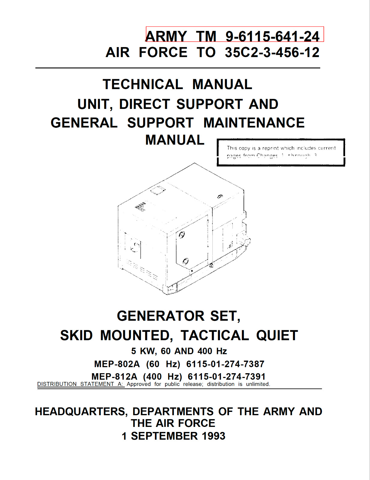 297 page 5kW TACTICAL QUIET GENERATOR SET MEP-802A -12A Maintenance Manual on CD