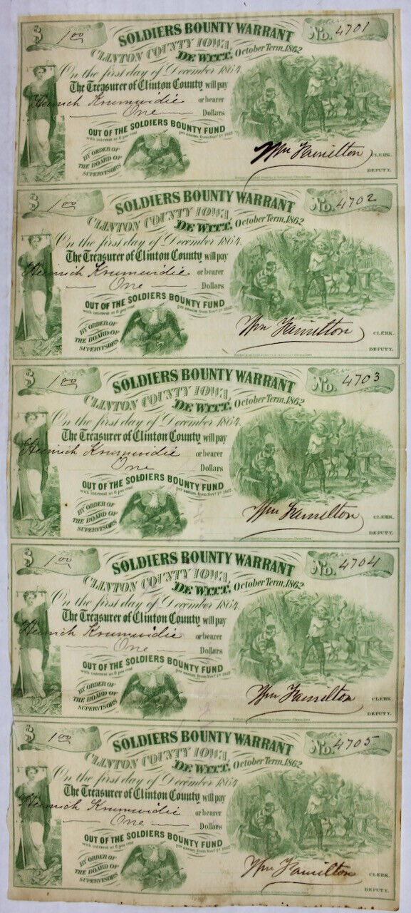 Original 1862 Civil War Soldiers Bounty Warrant Sheet of 5 #1