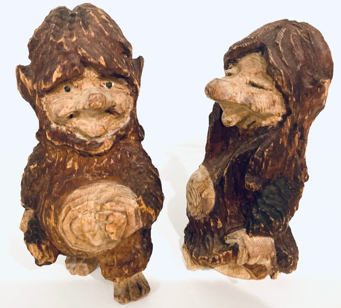 Vintage Troll Sculptures Norway Carved Wood Couple Lucky Love Folk Art Figurine