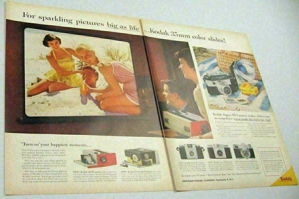 1958 Print Ad Kodak 35mm Color Slide Projectors Ladies & Man at Beach