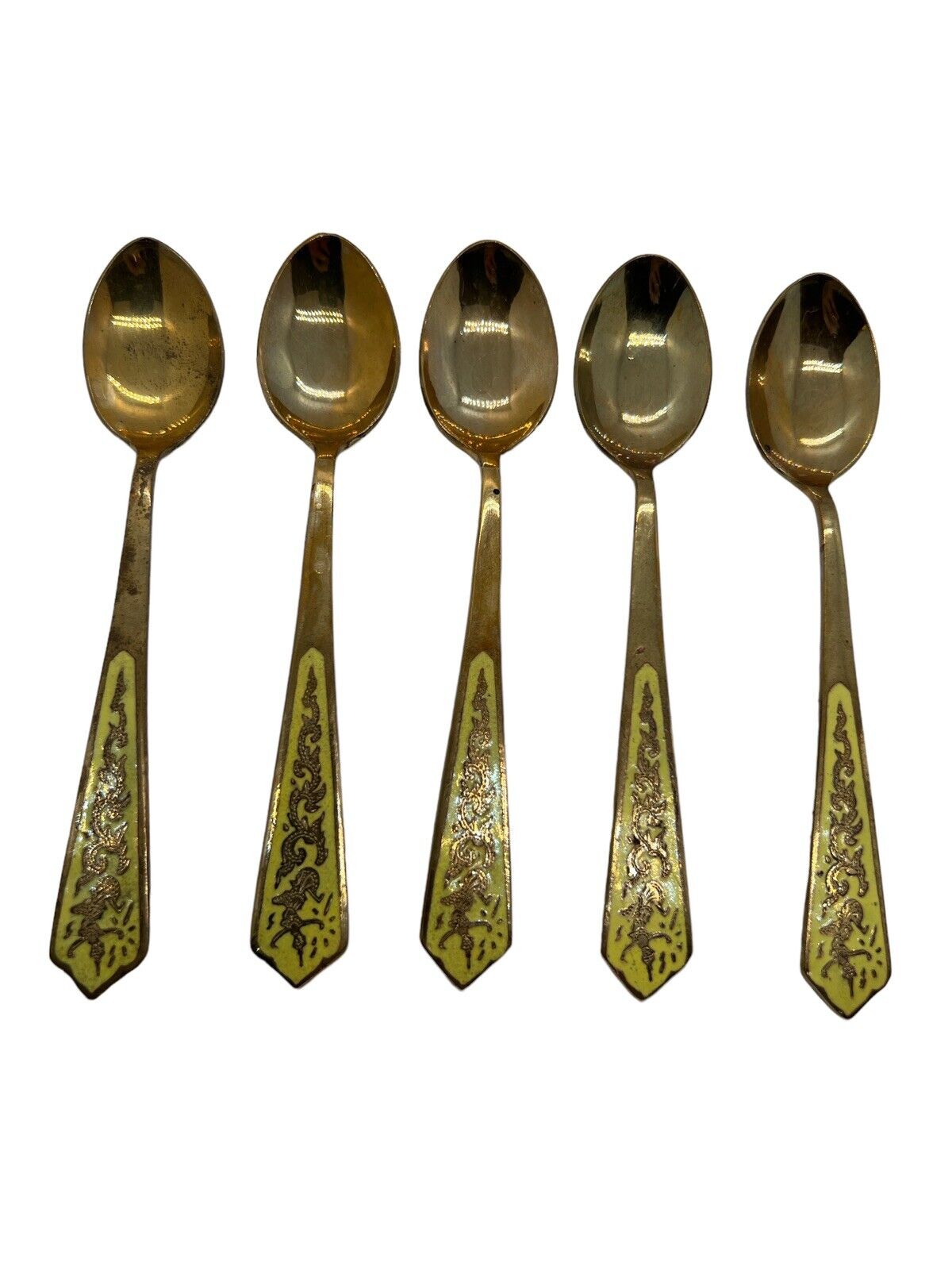 Vintage Set of 5 Thailand Boonyasilp Brass & Enamel Teaspoons 5in Demitasse