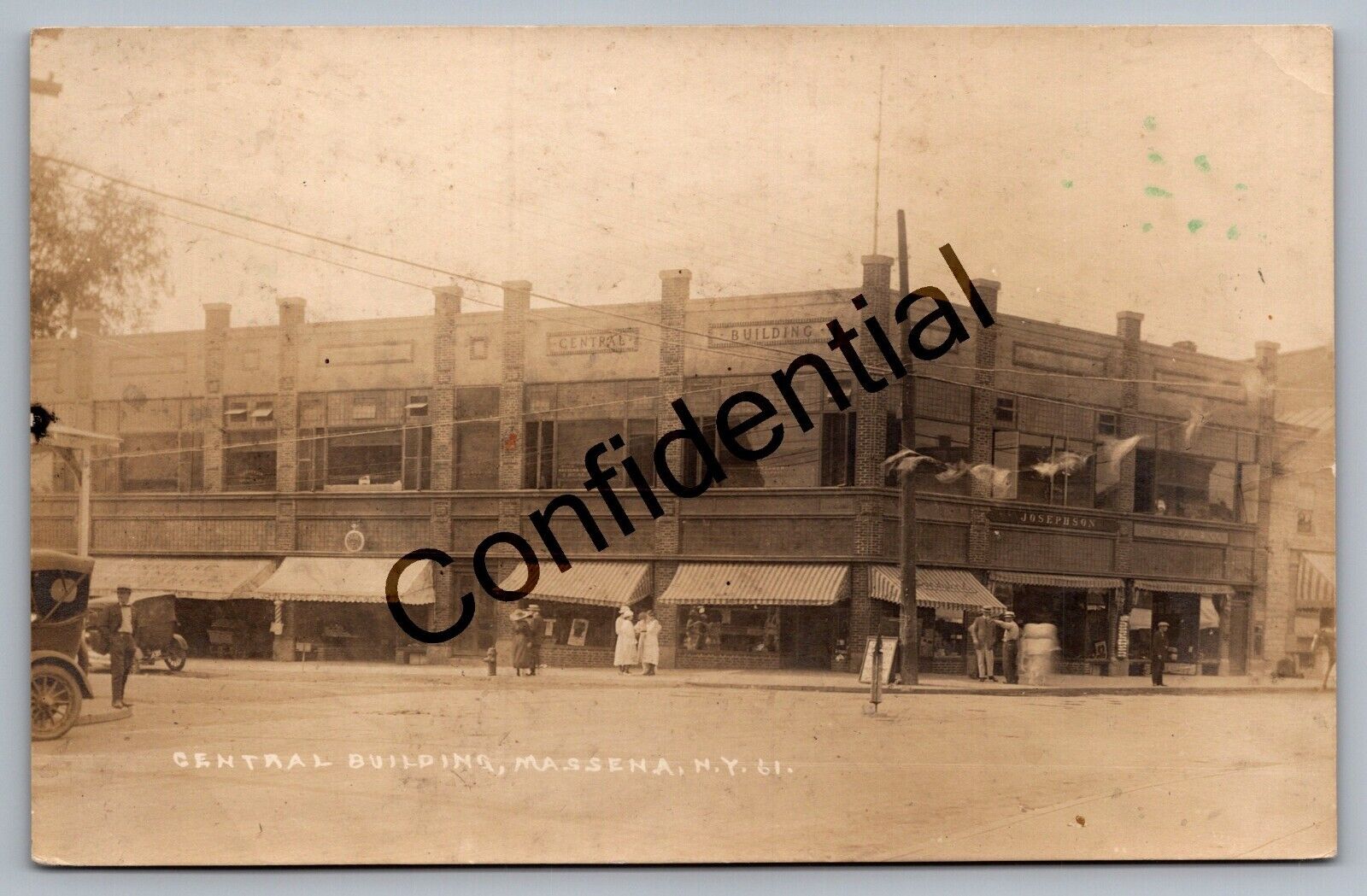Real Photo Central Building Storefronts People & Autos Massena NY RP RPPC G210