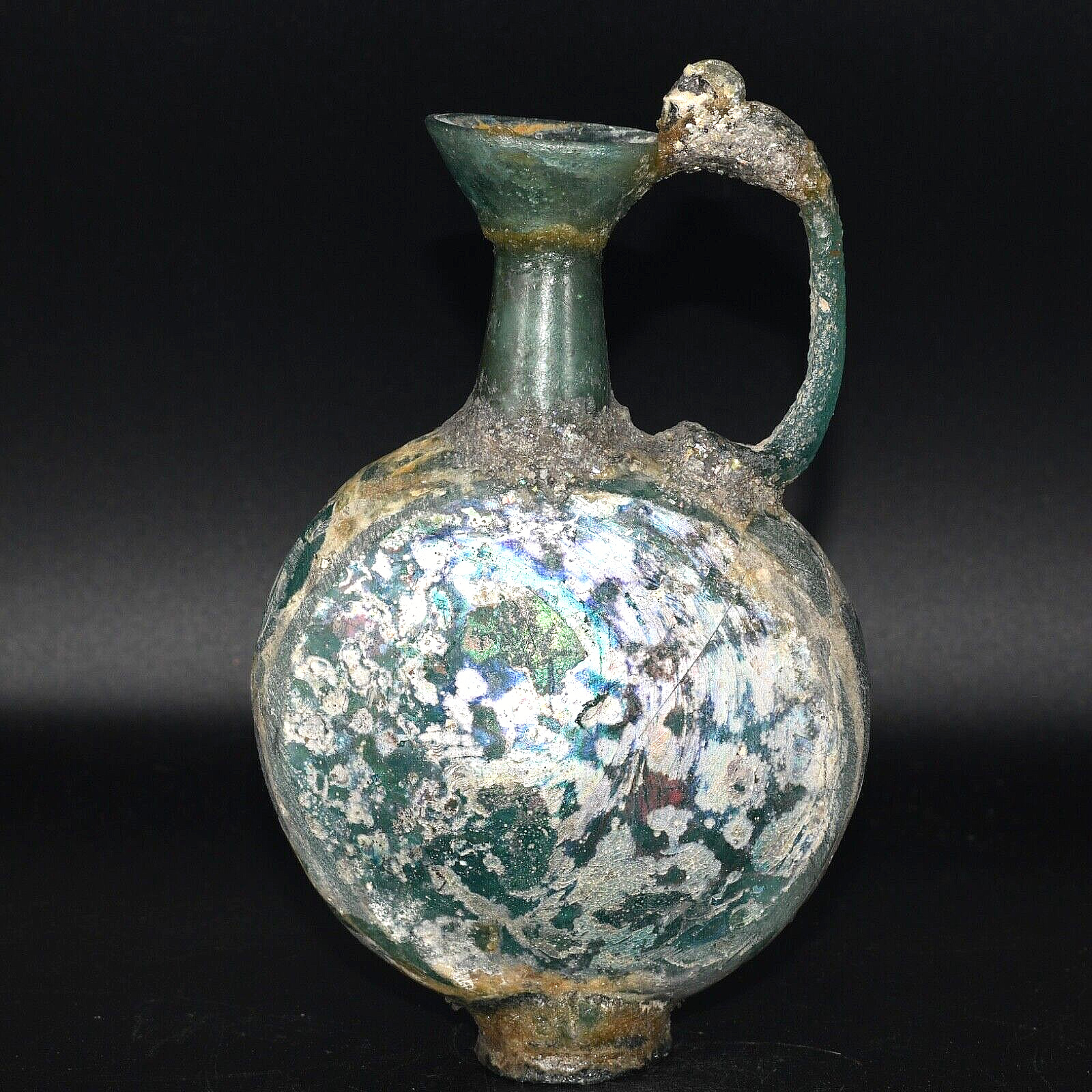Ancient Roman Glass Jug Bottle with Iridescent Patina in Good Condition