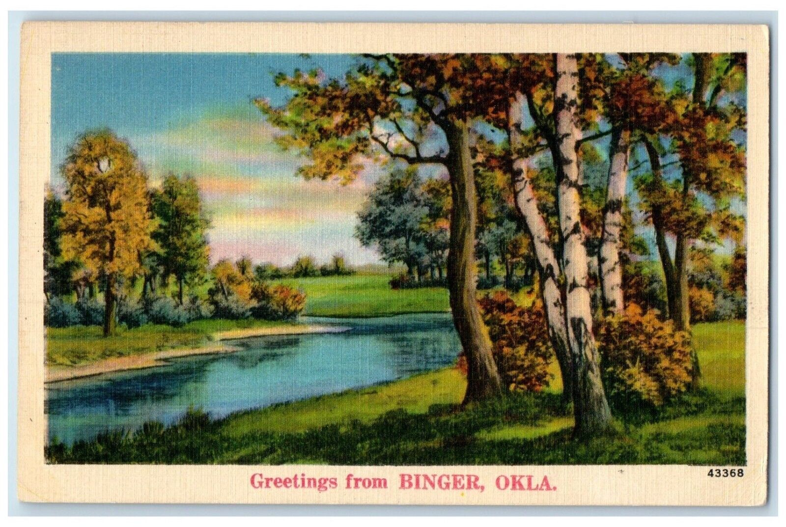 1940 Greetings From Binger Oklahoma OK, River Scene Trees Vintage Postcard