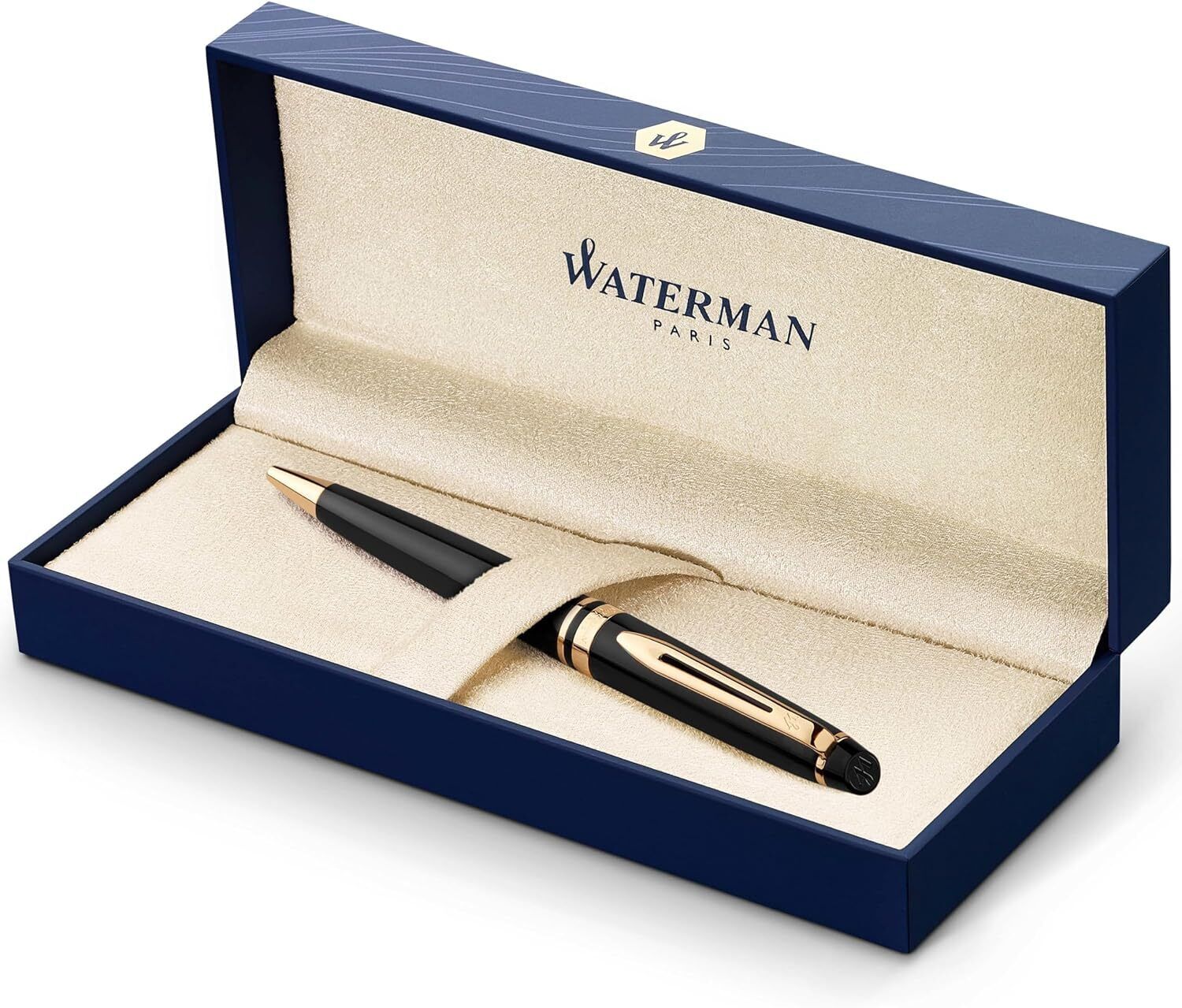 Waterman Expert Ballpoint Pen Black with Golden Trim Medium Tip Blue InkGift Box