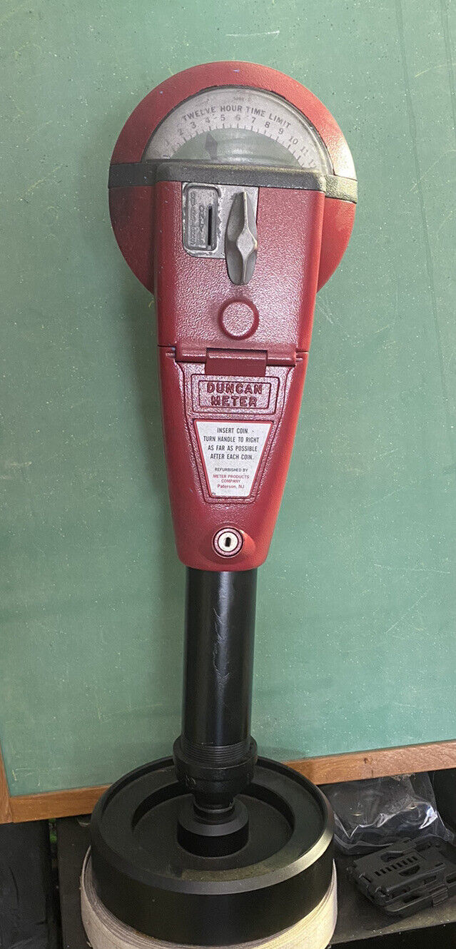 Vintage Red Duncan 60 Parking Meter And Key And Stand, Working