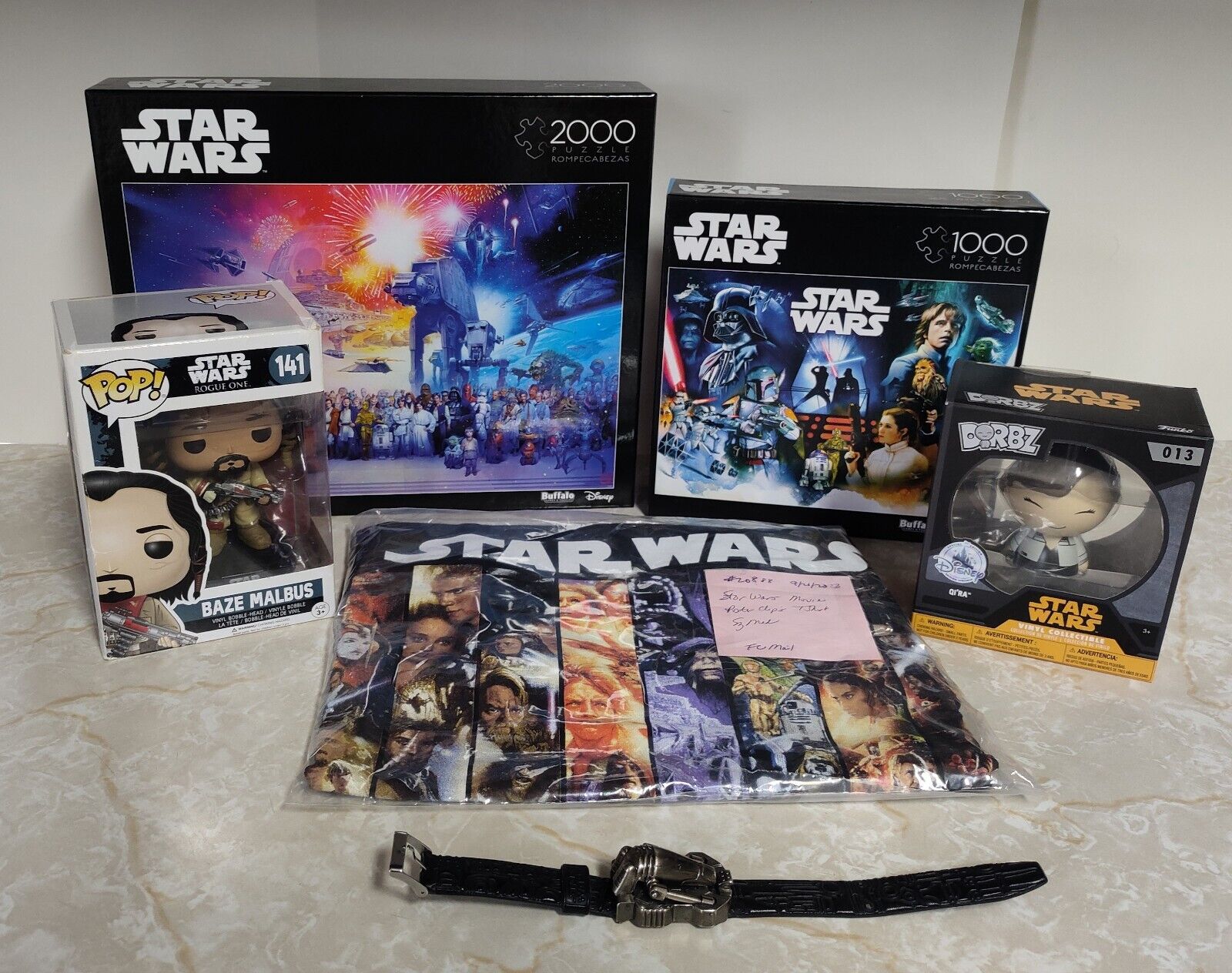 Star Wars Lot of 6 Items Watch T Shirt 2 Puzzles 2 Funko Pops Collectibles