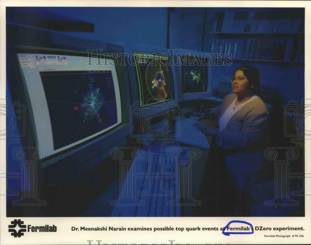 1995 Press Photo Dr. Meenakshi Narain Examines Possible Quark events at Fermilab