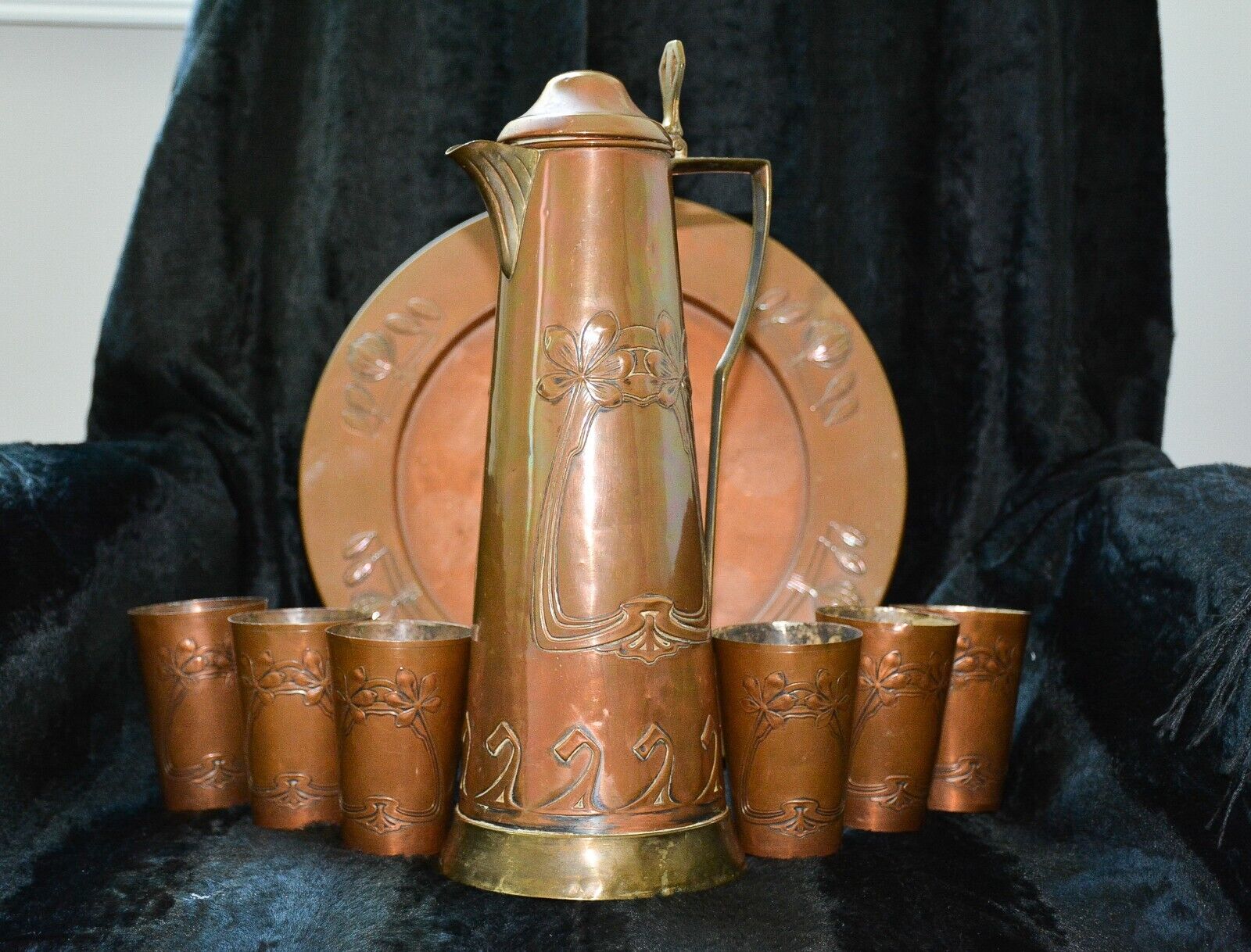 1900 Carl Deffner Copper & Brass Jugendstil/Art Nouveau Wine Carafe, Cups & Tray