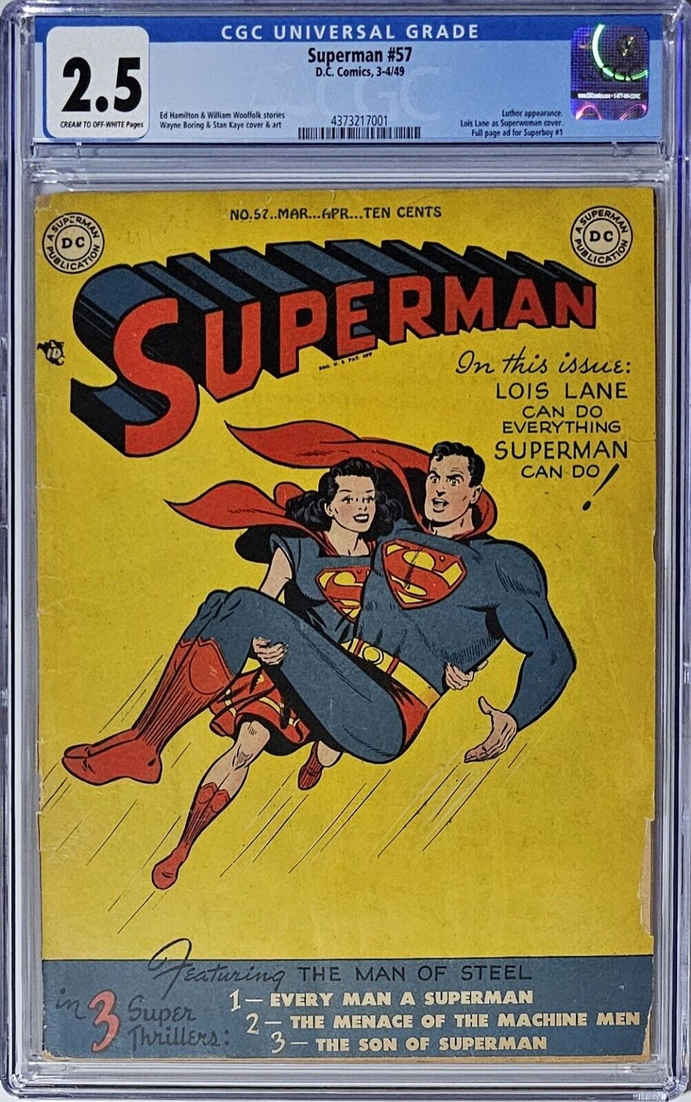 Superman #57 CGC 2.5 D.C. Comics 1949 Lois Lane As Superwoman Superboy #1 Page