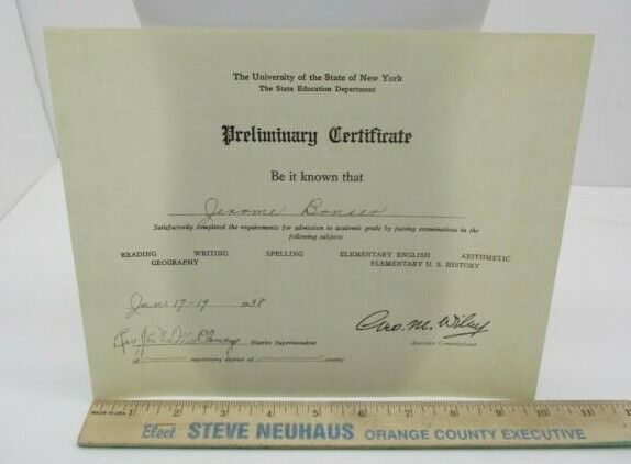 University of the State of New York 1938 Preliminary Certificate