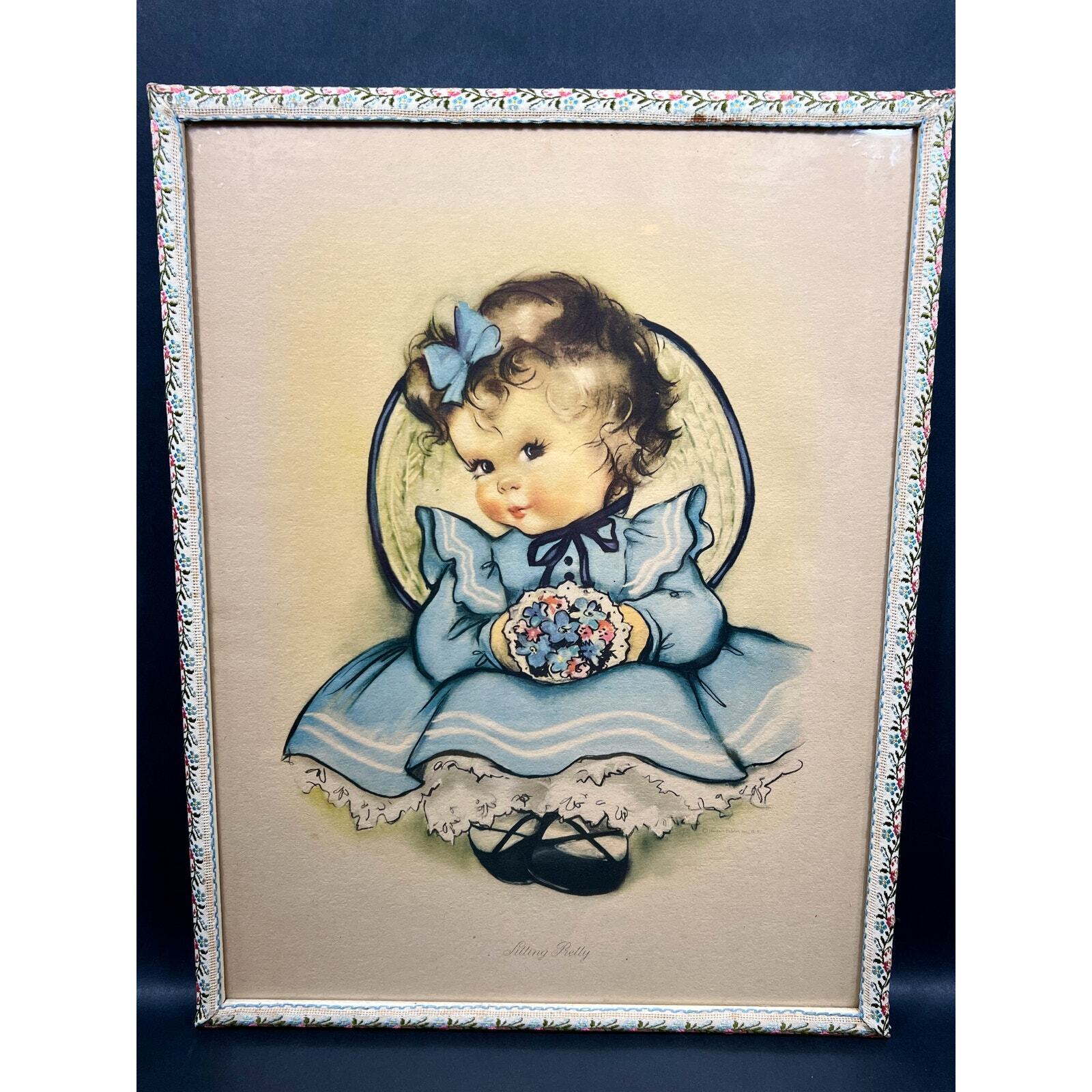 VTG 1940s Charlot BYJ Print Sitting Pretty w/RARE matching Embroidered Frame