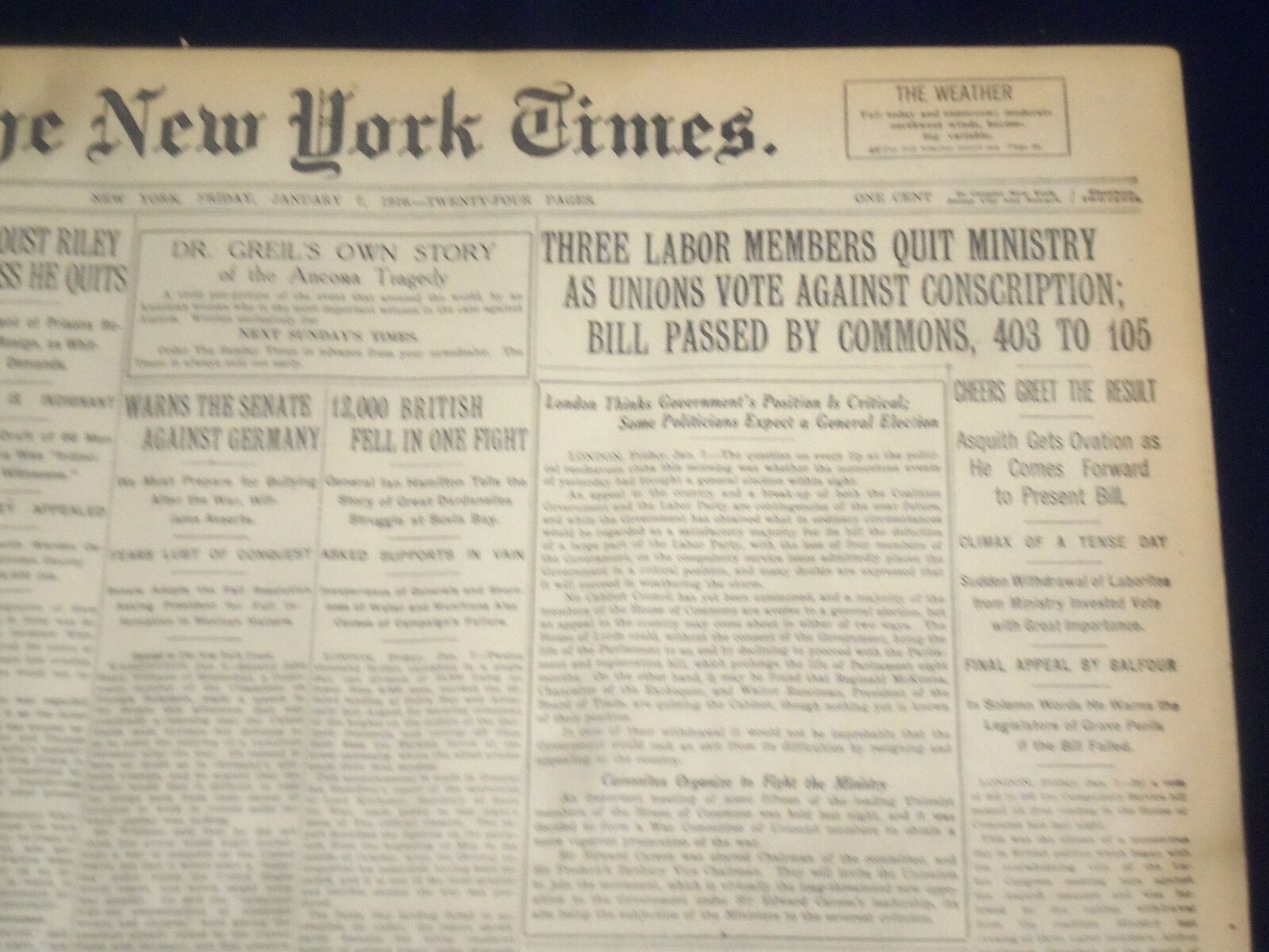 1916 JANUARY 7 NEW YORK TIMES - THREE LABOR MEMBERS QUIT MINISTRY - NT 9054
