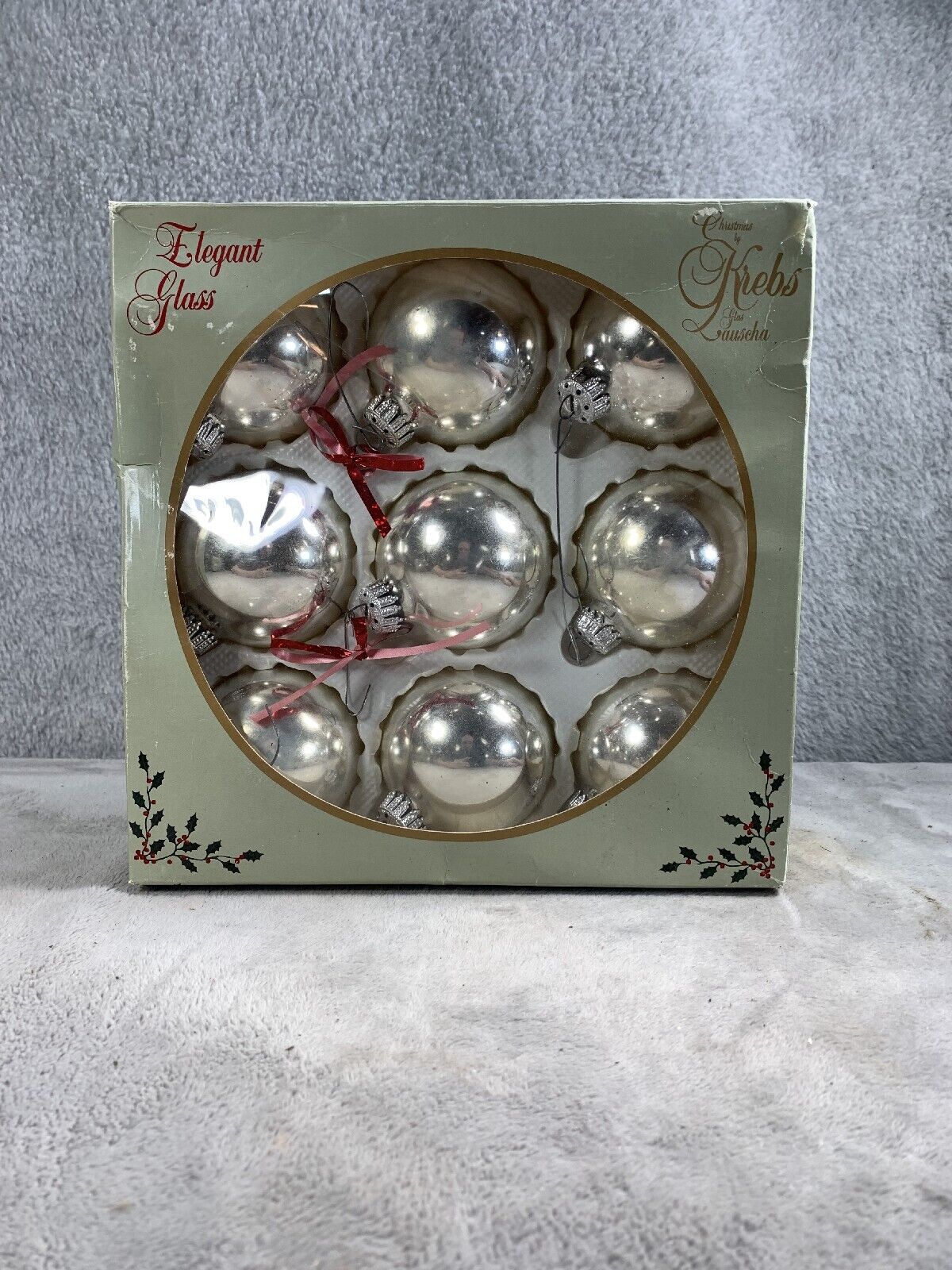 SET OF 9 Vintage Shiny Bright Christmas Tree Ornaments in Box Silver