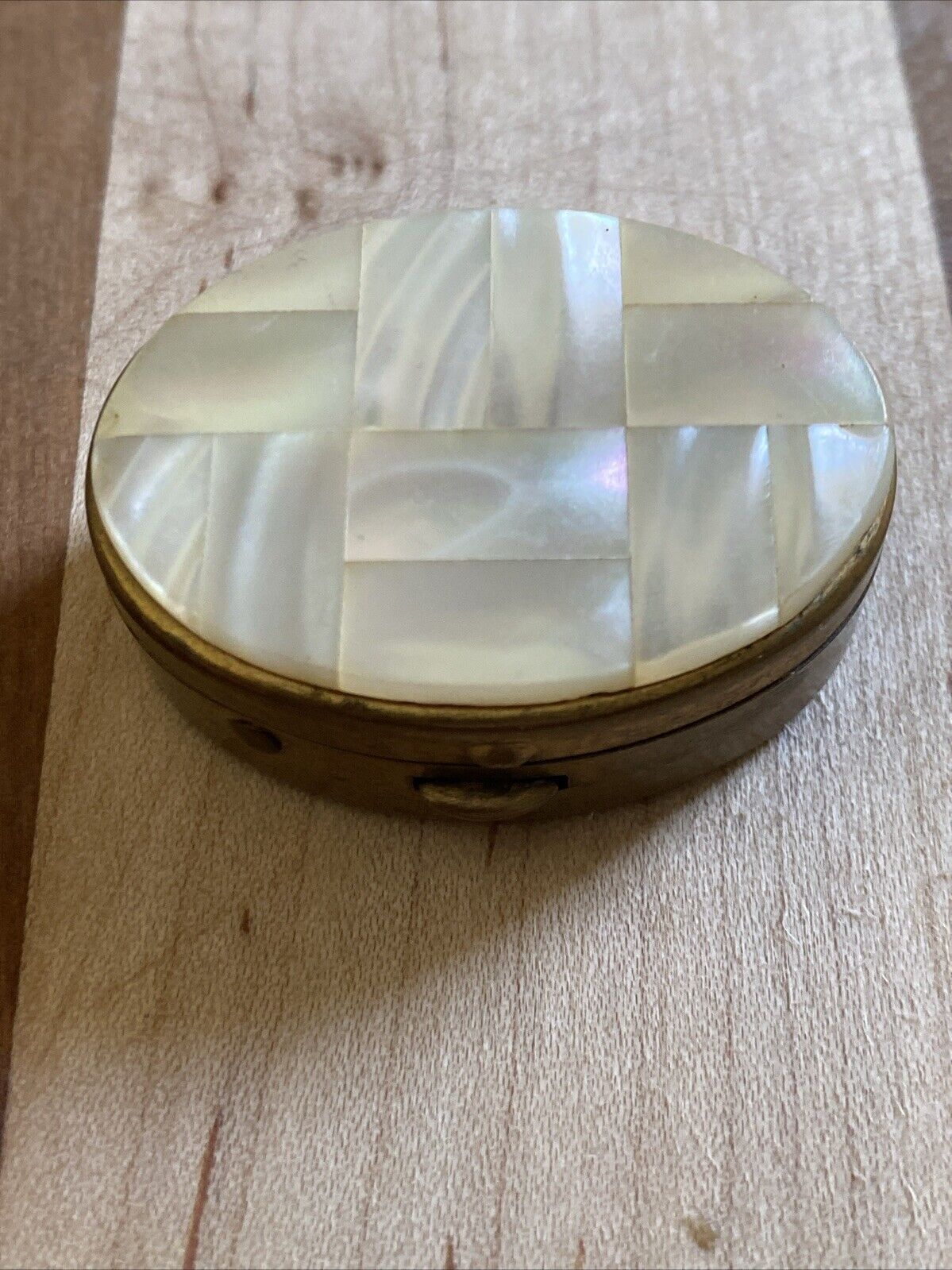 Vintage Oval Brass & Mother Of Pearl Compact Pill Box