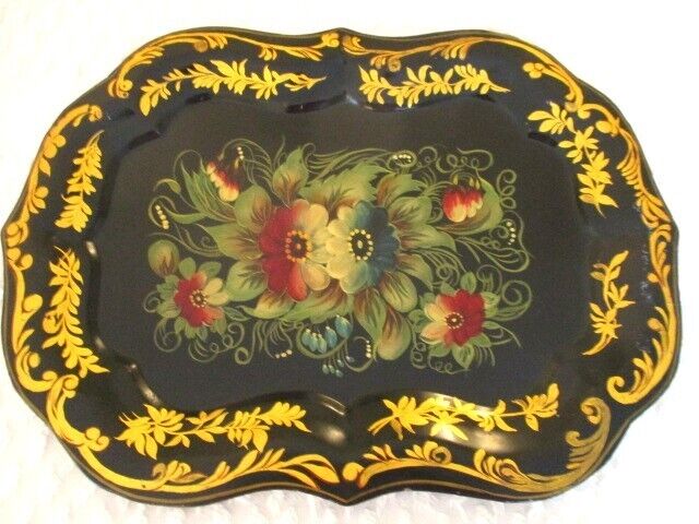 Nice Antique Hand Painted Red Blue Cream Flowers Tole Wall Display or Shelf Tray