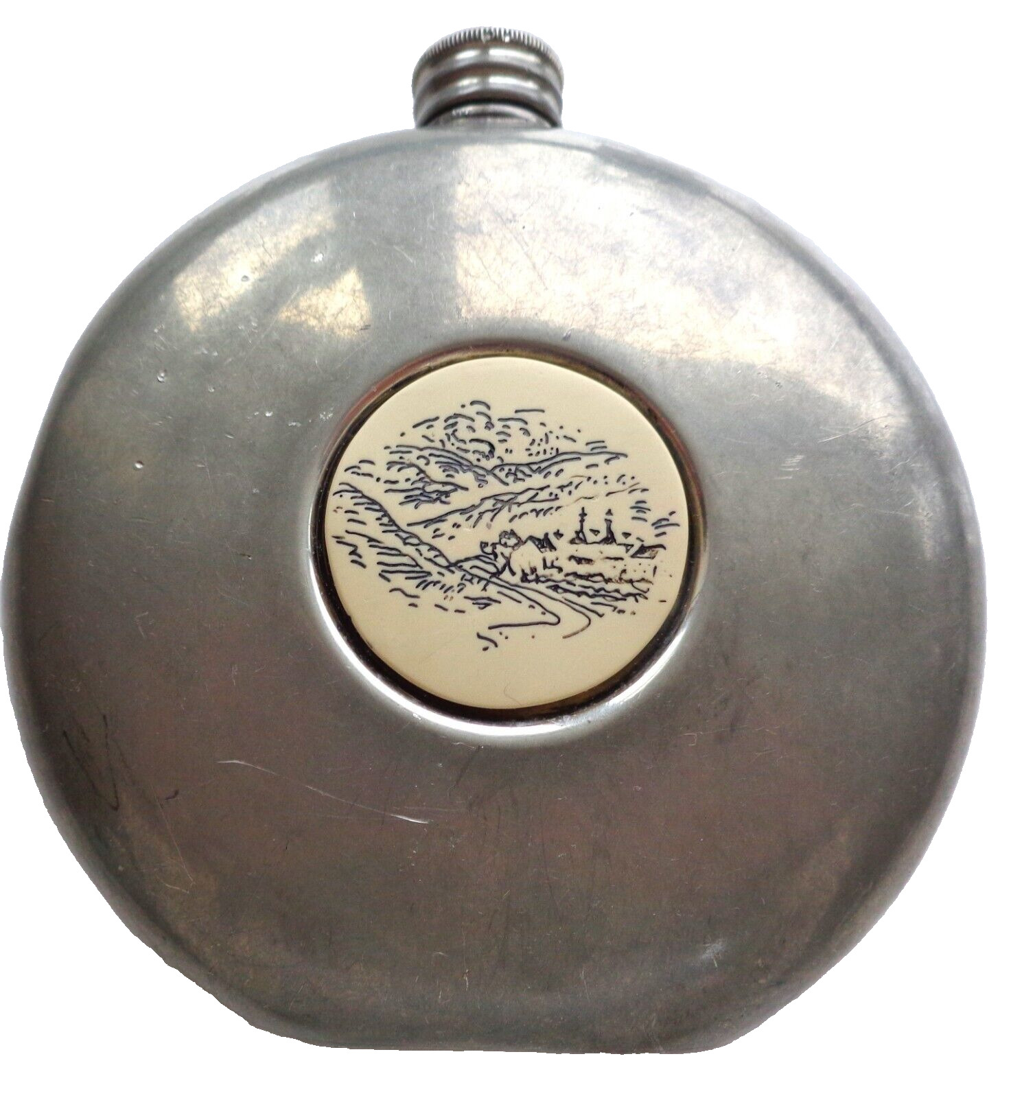 VTG PEWTER ROUND FLASK DALWHINNIE WHISKY INLAID W PORCELAIN PICTURE TML ENGLAND