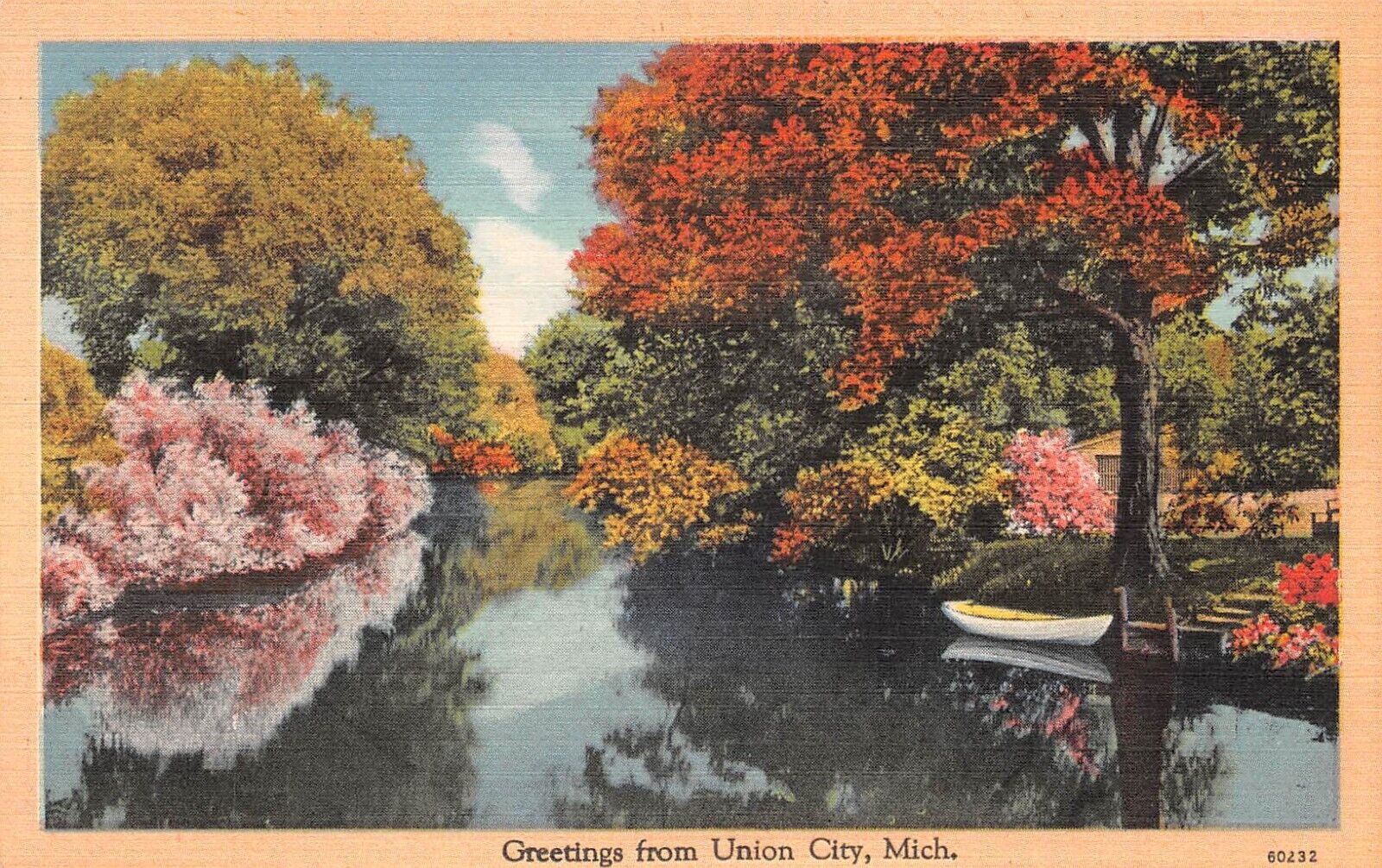 Greetings From Union City Michigan Lake Scene w/ Boat Linen 1940s Postcard