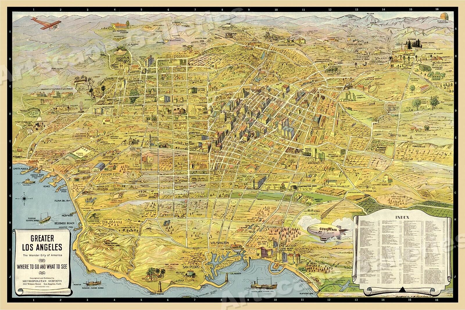 1932 Los Angeles Southern California Panoramic Sightseeing Map - 16x24