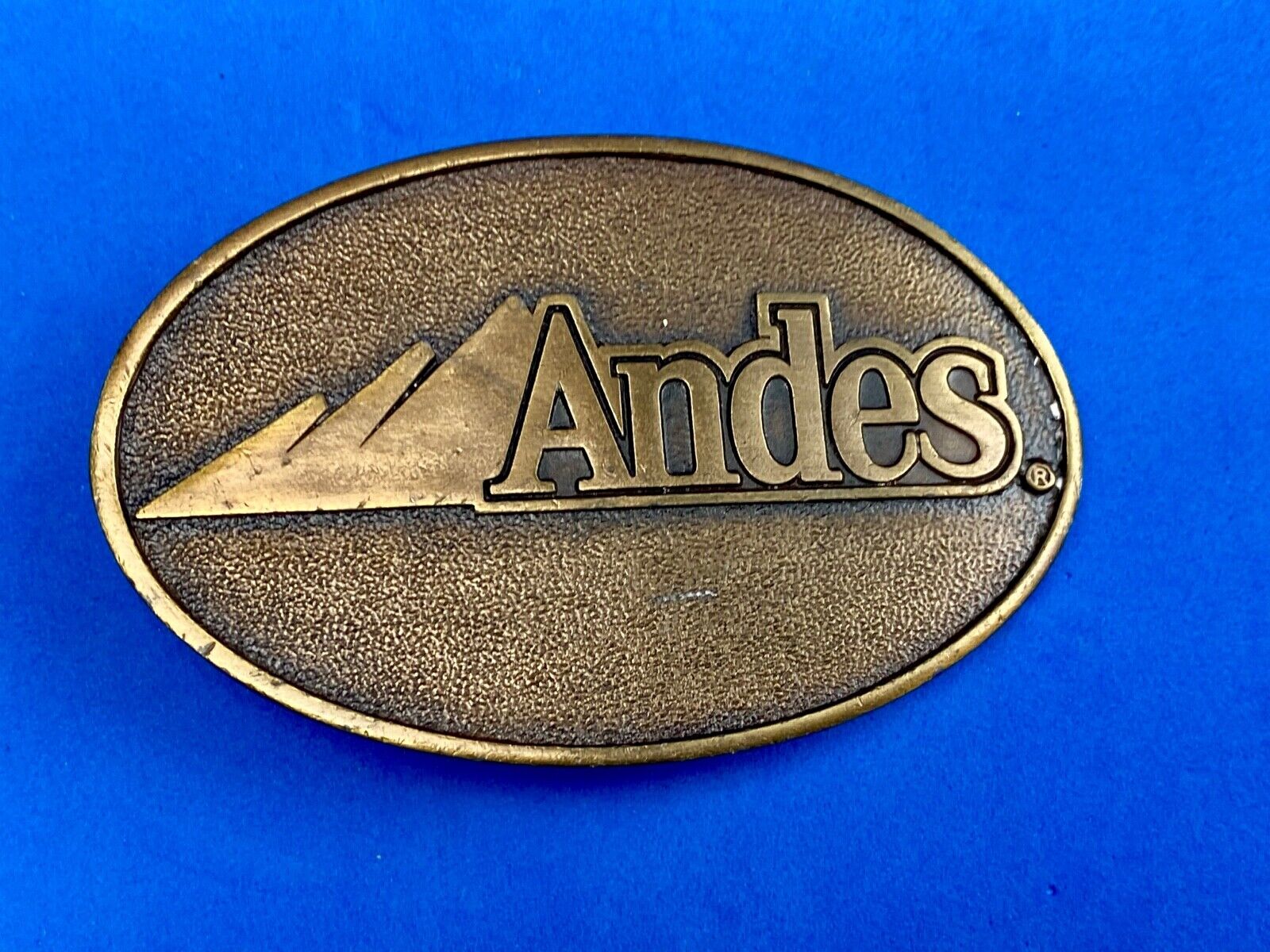 Vtg. 1988 ANDES Chocolate mints promotional belt buckle by Bergamot Brass Works 