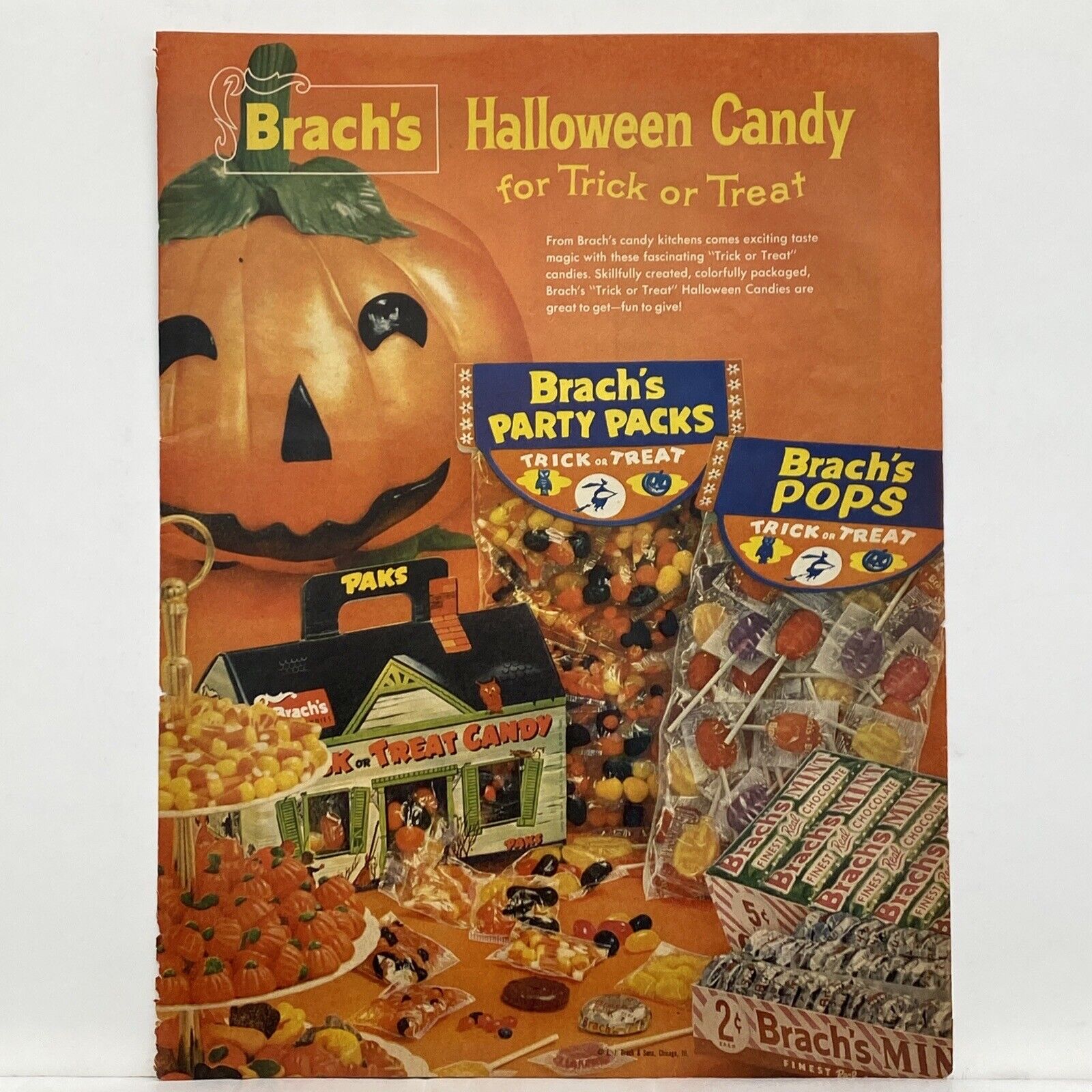 1958 Brach's Halloween Candy Print Ad Vintage Pumpkin Trick or Treat Party Packs
