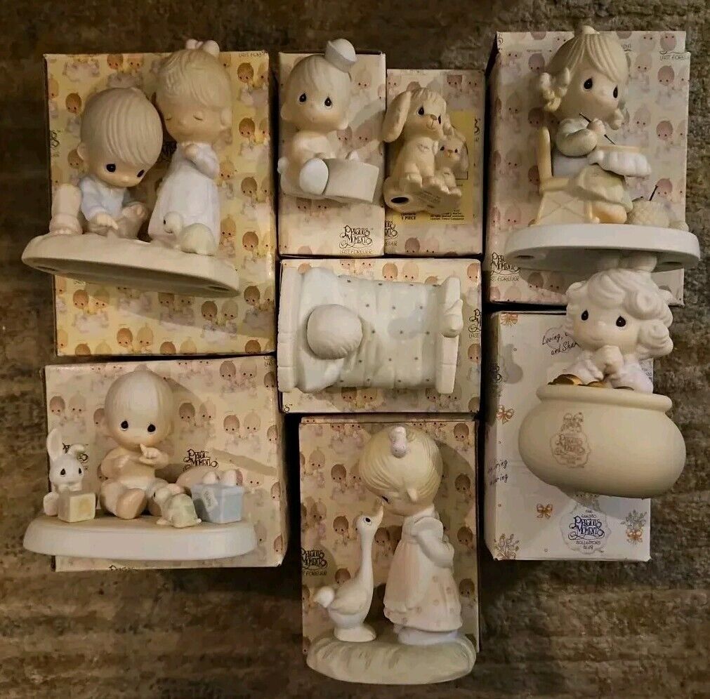 Precious Moments Figurines Lot x8 Rainbow  Puppies Goose Bed Boxed Vintage Read